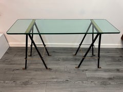 Exceptional iron & brass w/ glass top trestle console