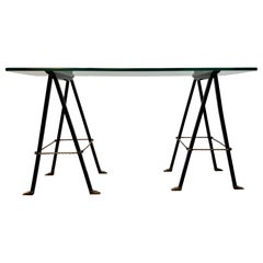 Exceptional iron & brass w/ glass top trestle console