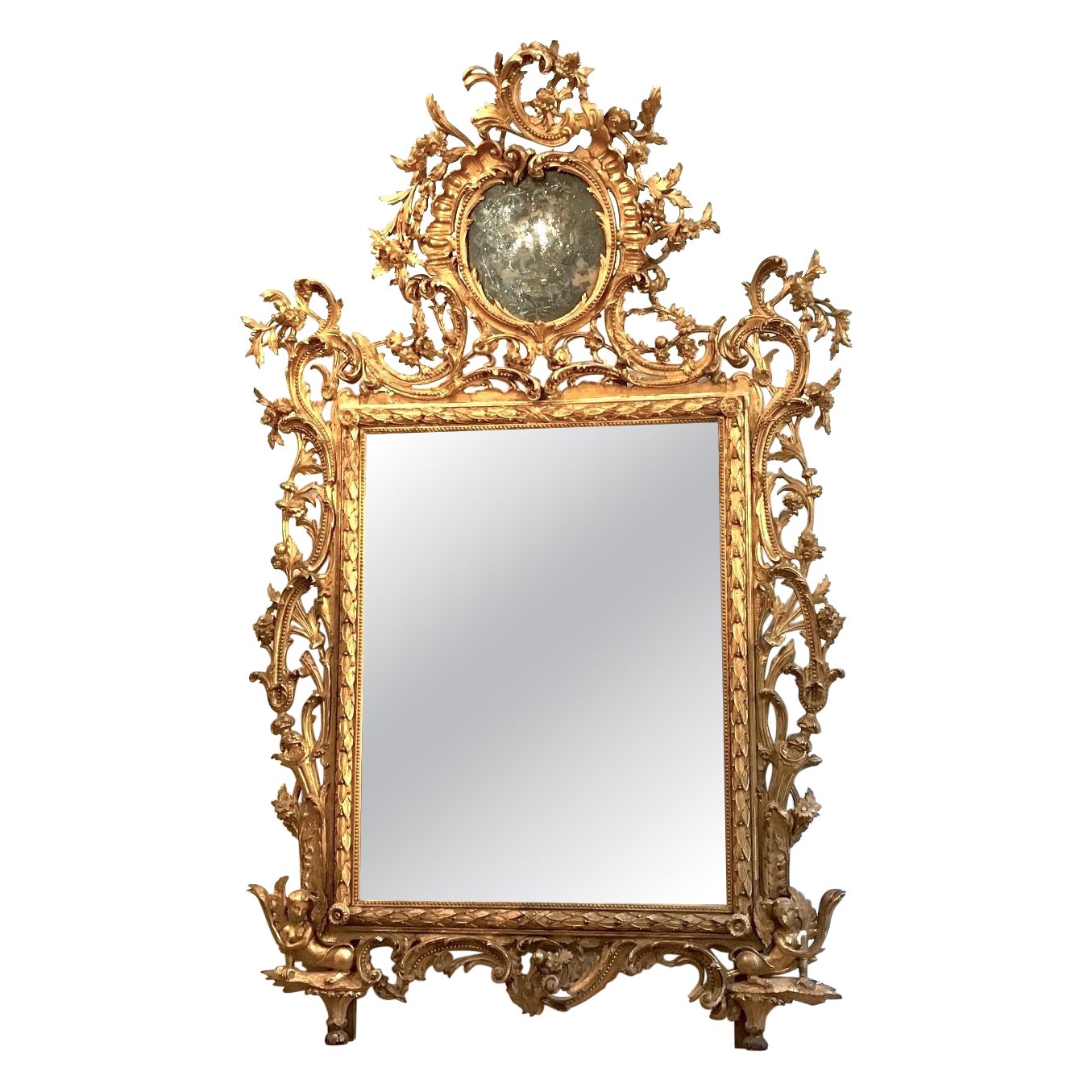 Exceptionnel miroir italien du 18ème siècle en bois doré sculpté Toscane 1740 en vente