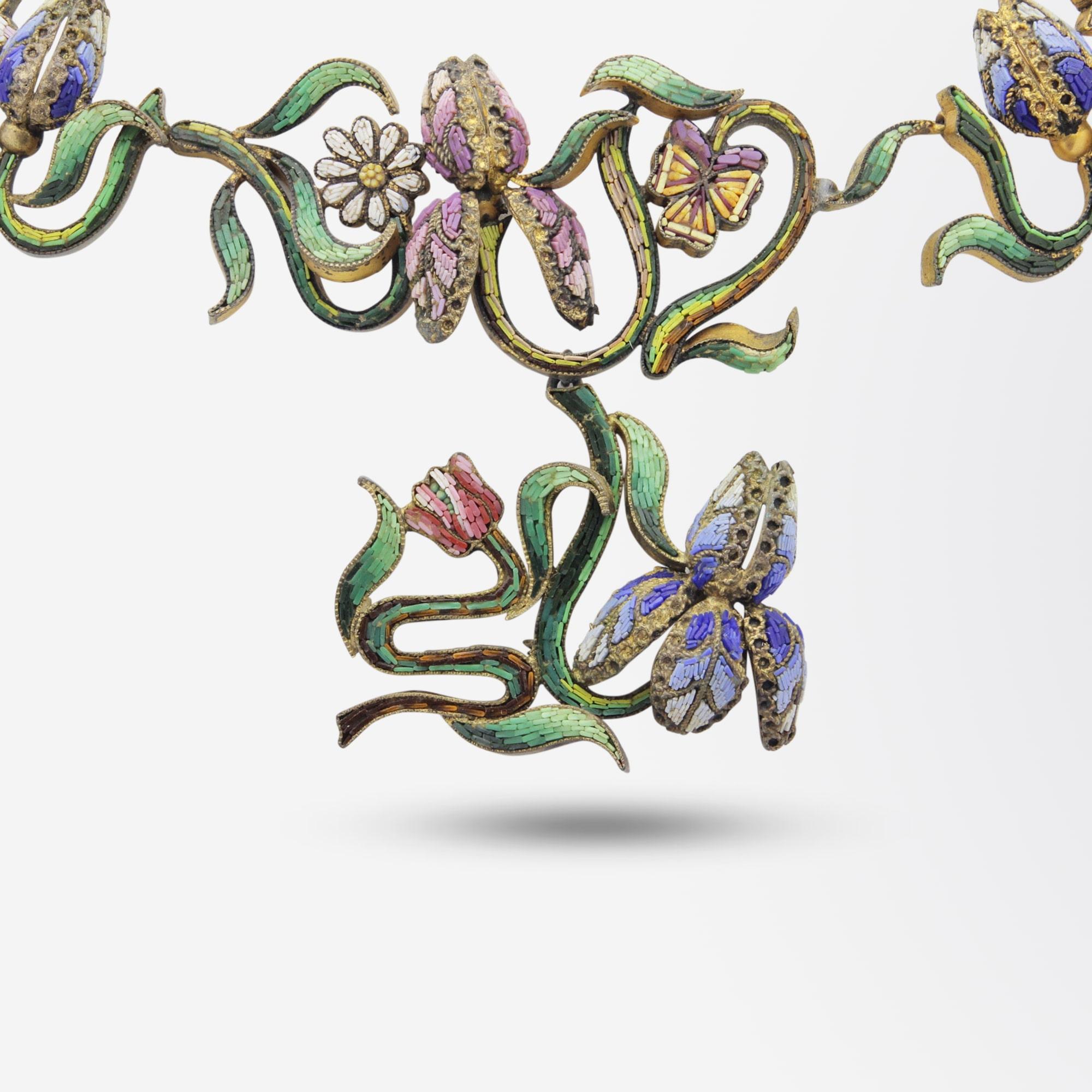Außergewöhnliche, italienische Jugendstil, Mikro-Mosaik Halskette & Haarnadel in Silber (Art nouveau) im Angebot