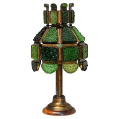 Exceptional Italian Brutalist Green Dalle de Verre Table Lamp in Brass, 1970s