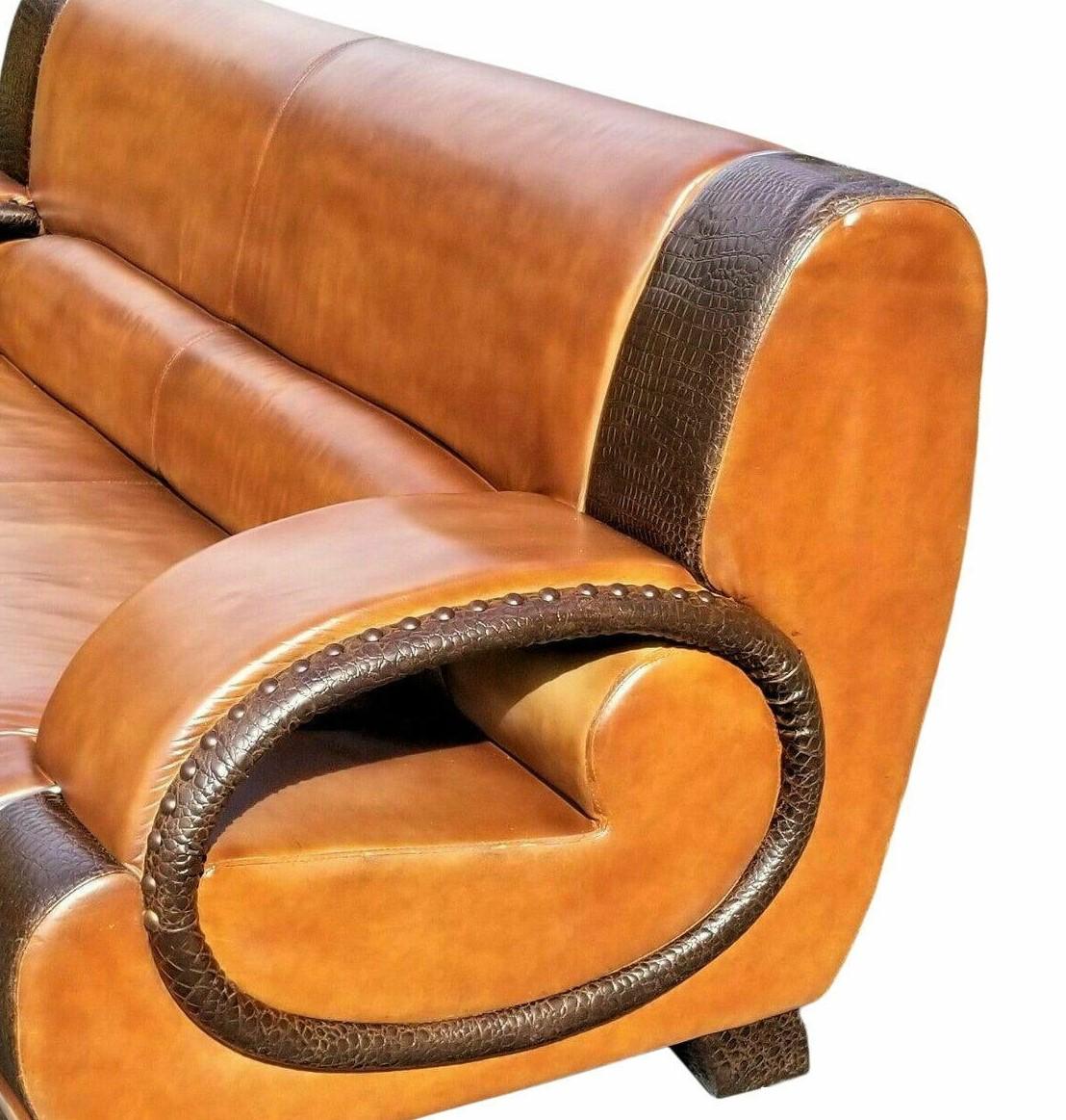 Mid-Century Modern Italian Custom Made Leather & Alligator Skin Sofa For Sale