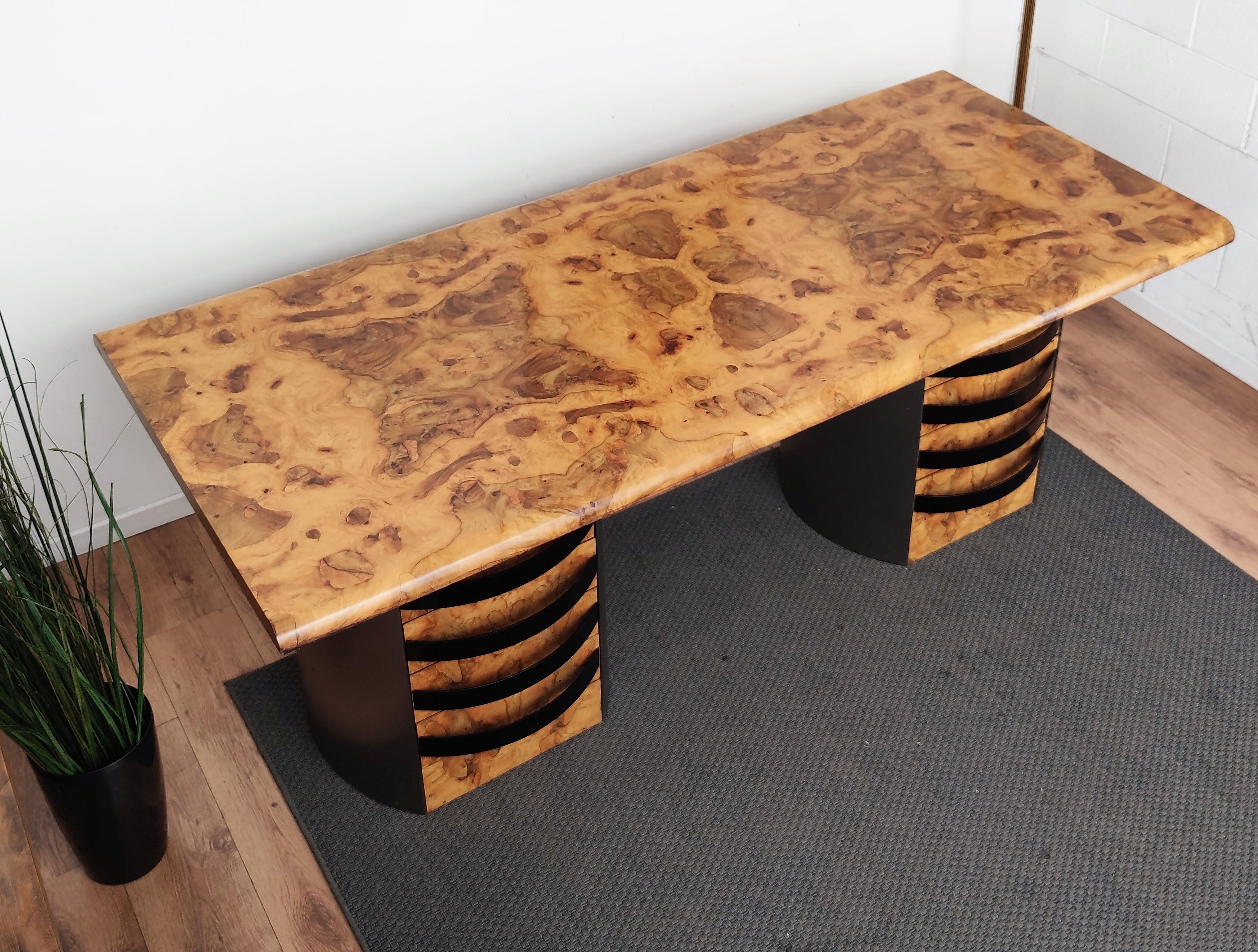 Exceptional Italian Executive Desk in Veneer Burl Briar Walnut Wood and Steel For Sale 2