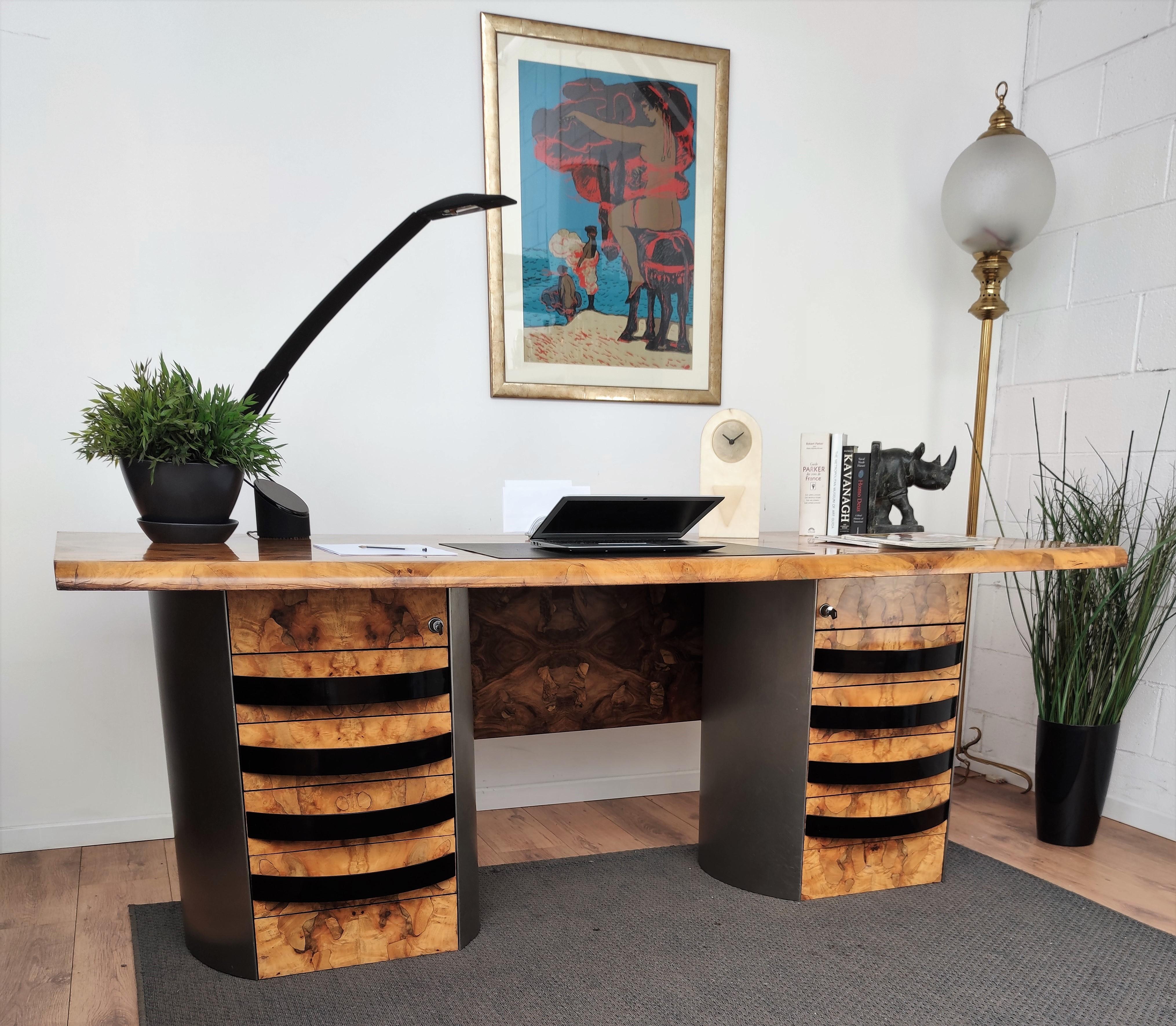 Art Deco Exceptional Italian Executive Desk in Veneer Burl Briar Walnut Wood and Steel For Sale