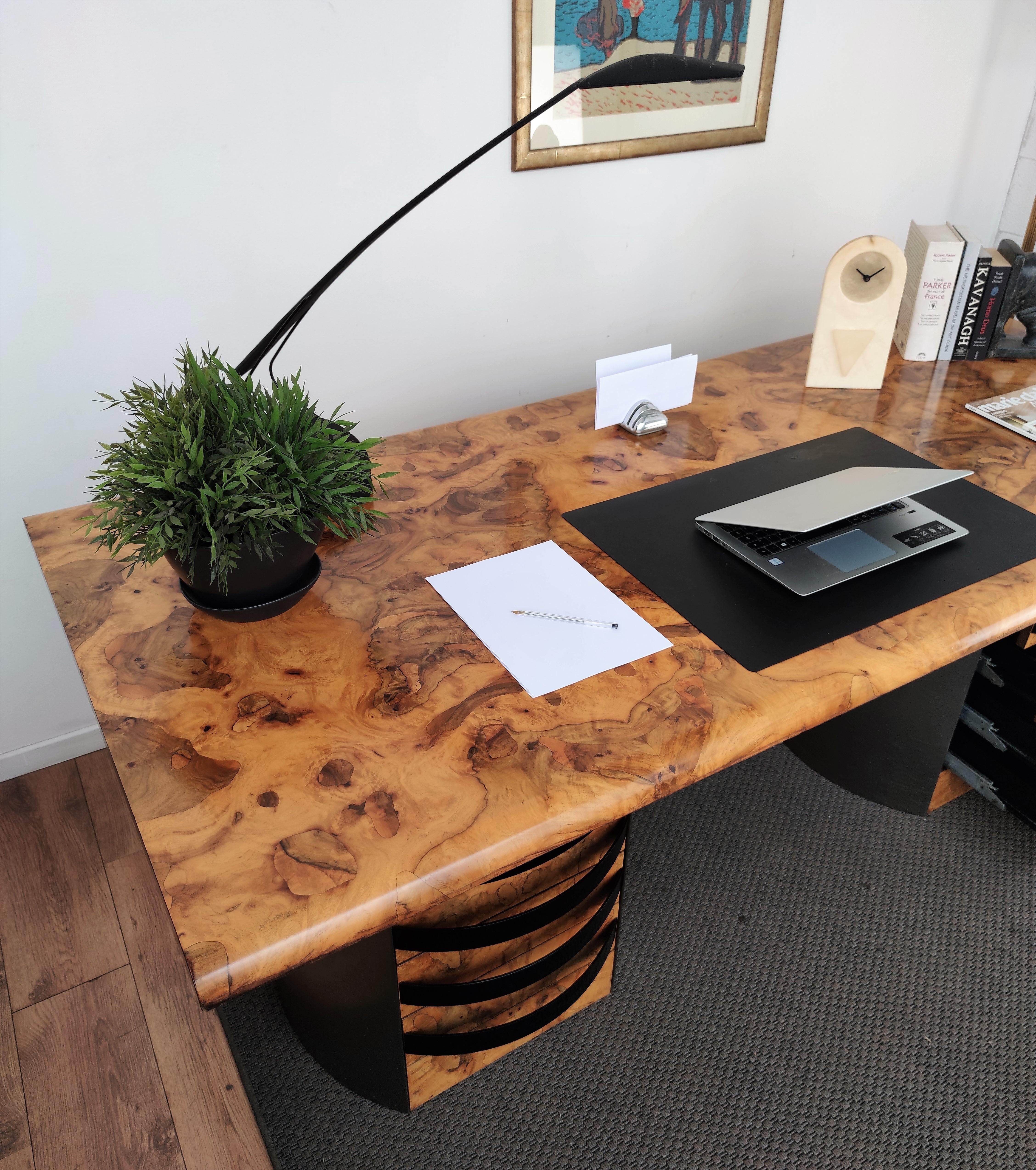 Art Deco Exceptional Italian Executive Desk in Veneer Burl Briar Walnut Wood and Steel For Sale