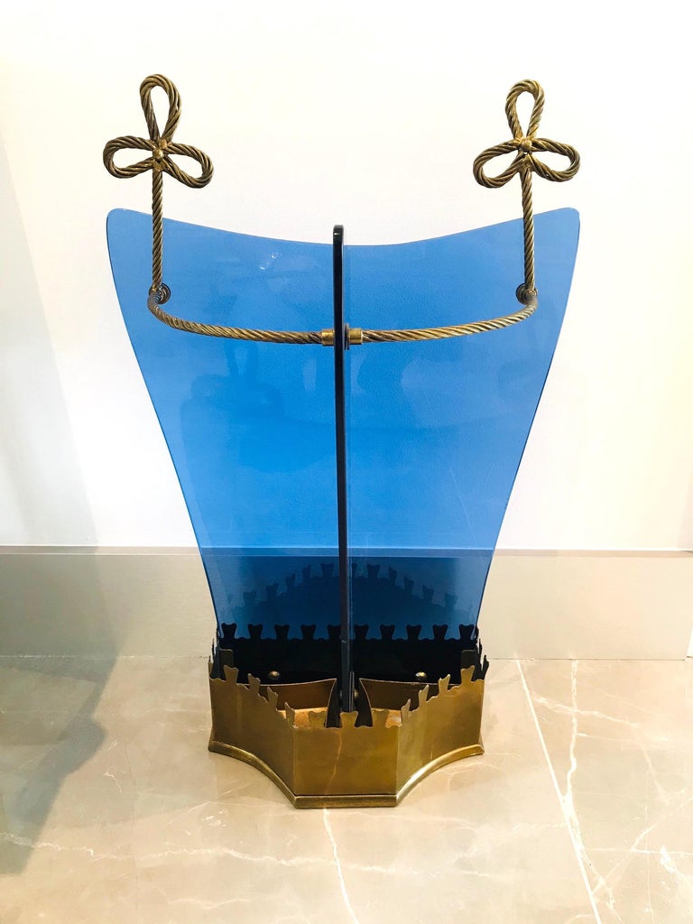 Exceptional Italian Glass and Gilt Iron Umbrella Stand by Fontana Arte