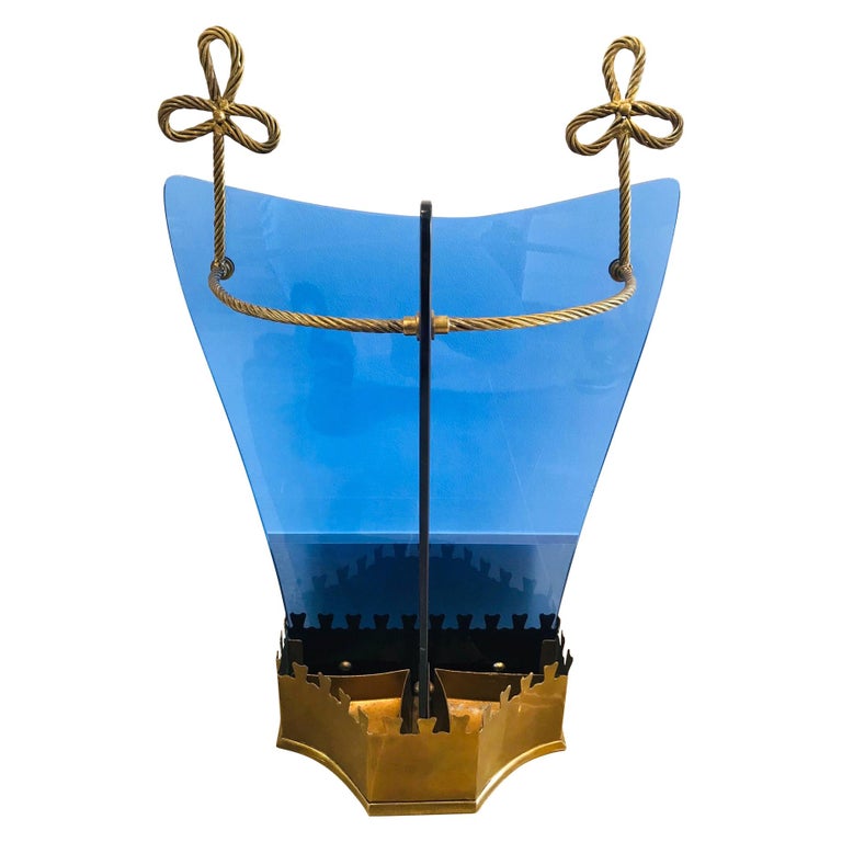 Blue Glass and Gilt Iron Umbrella Stand by Fontana Arte, Italian, circa