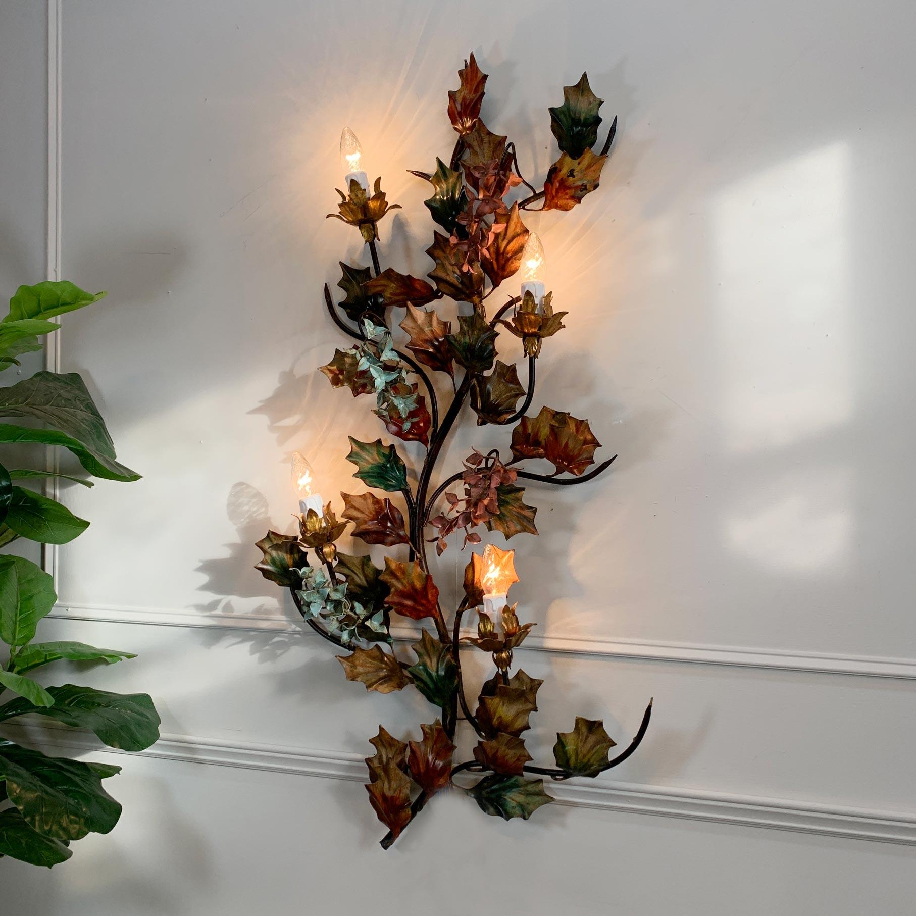Exceptional Italian Hand Painted Holly Leaf Wall Sconce of Huge Scale For Sale 3