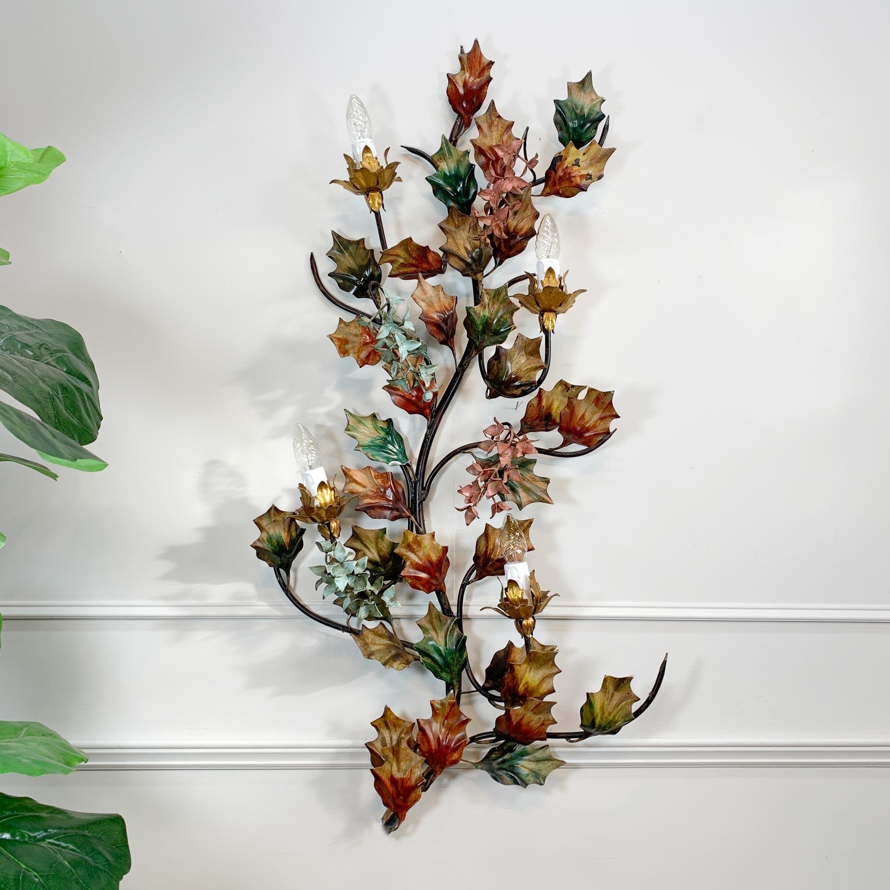 Exceptional Italian Hand Painted Holly Leaf Wall Sconce of Huge Scale For Sale 5