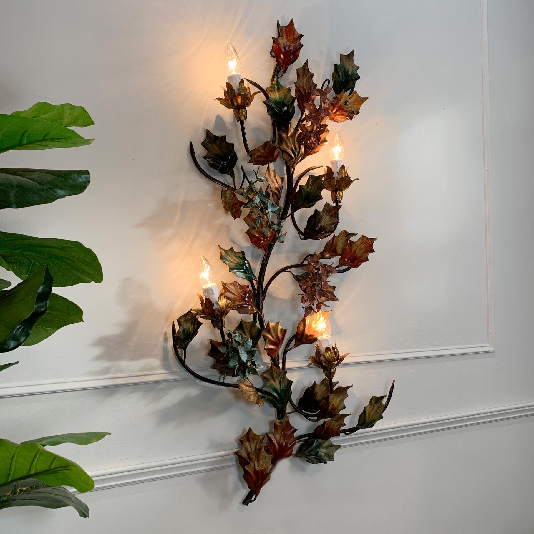 Exceptional Italian Hand Painted Holly Leaf Wall Sconce of Huge Scale For Sale 7