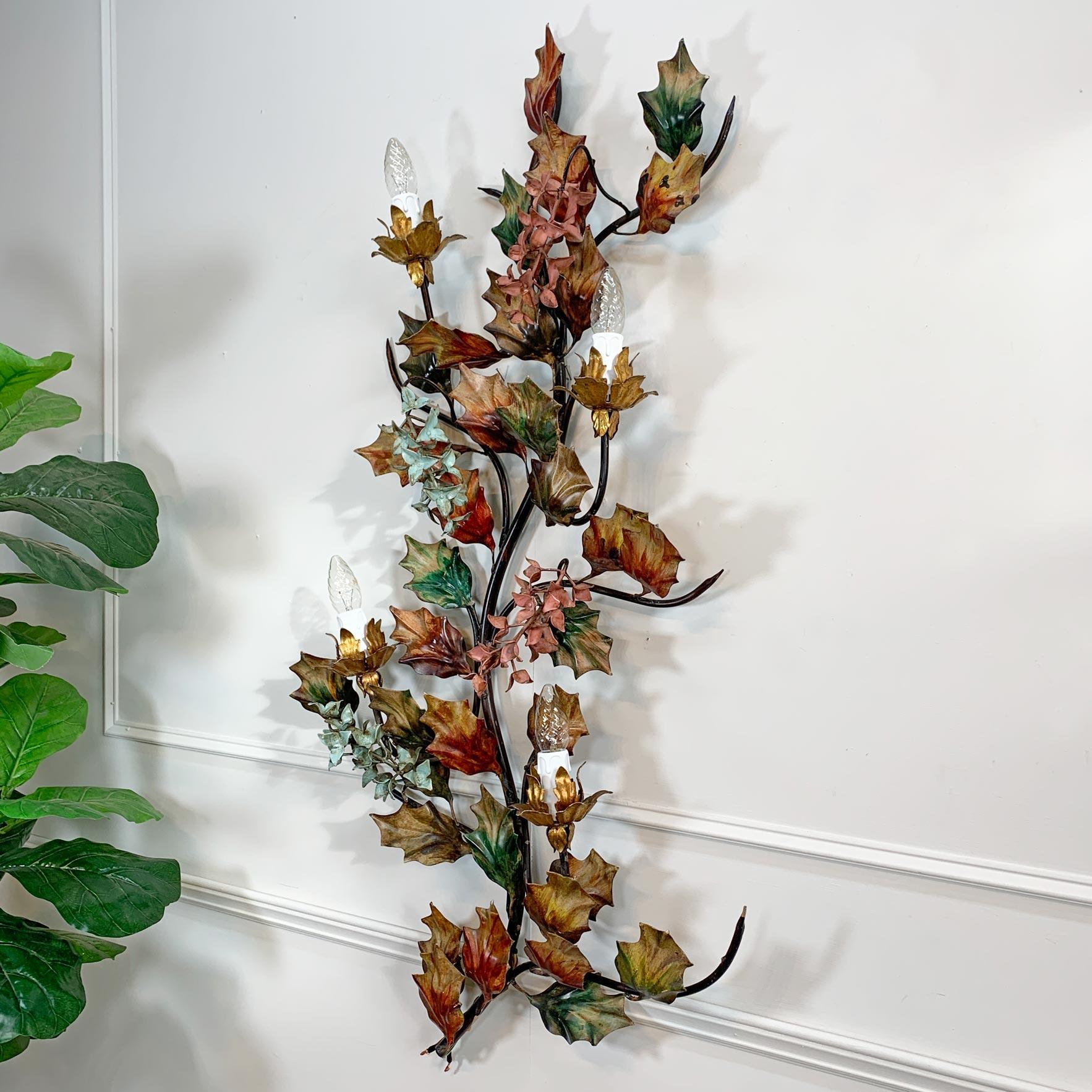Exceptional Italian Hand Painted Holly Leaf Wall Sconce of Huge Scale For Sale 8