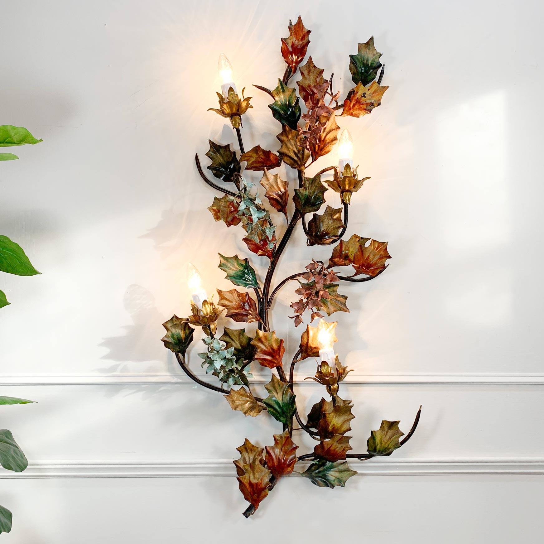 Mid-Century Modern Exceptional Italian Hand Painted Holly Leaf Wall Sconce of Huge Scale For Sale