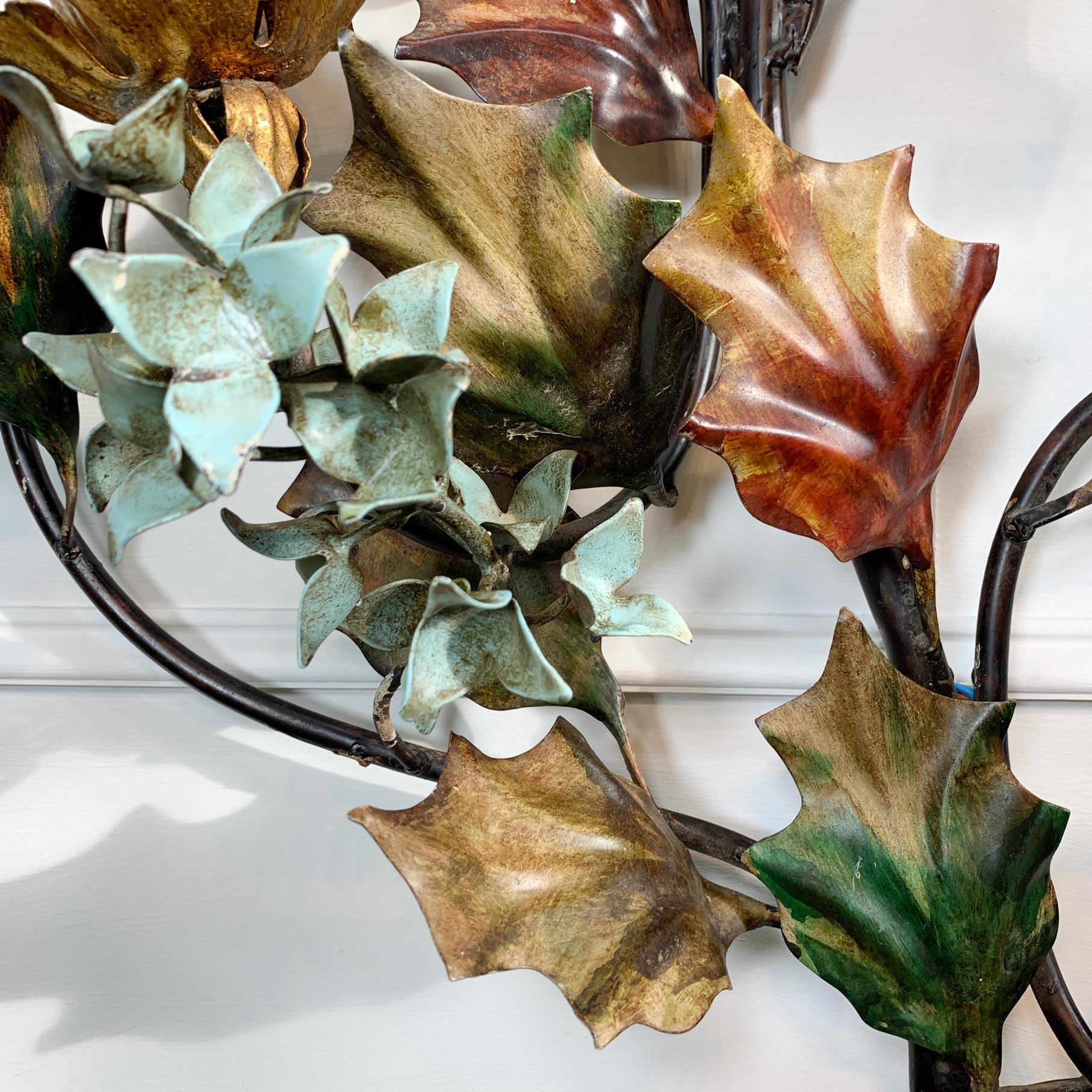 Hand-Painted Exceptional Italian Hand Painted Holly Leaf Wall Sconce of Huge Scale For Sale