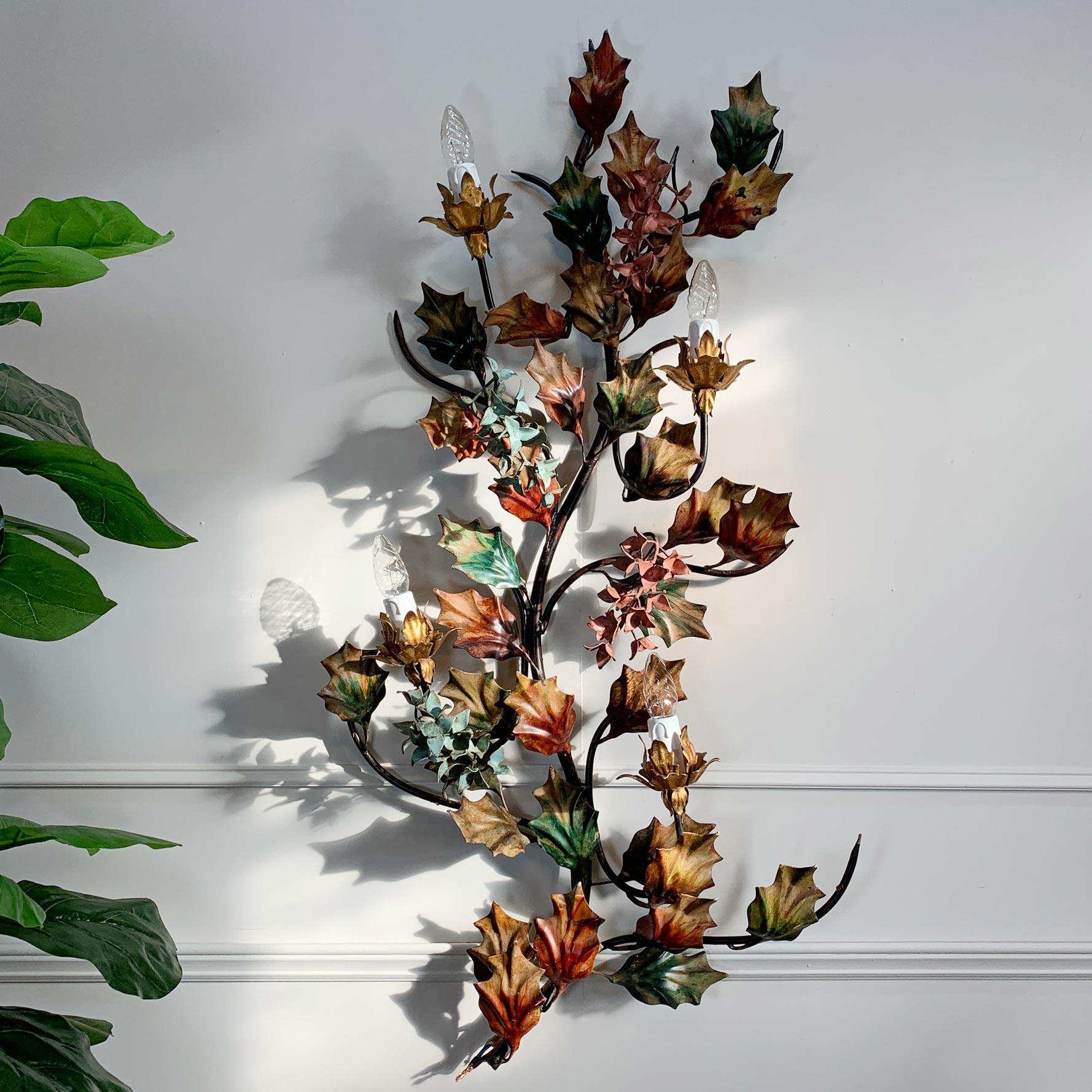 Iron Exceptional Italian Hand Painted Holly Leaf Wall Sconce of Huge Scale For Sale