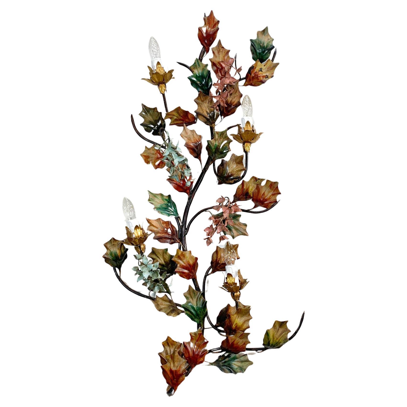 Exceptional Italian Hand Painted Holly Leaf Wall Sconce of Huge Scale