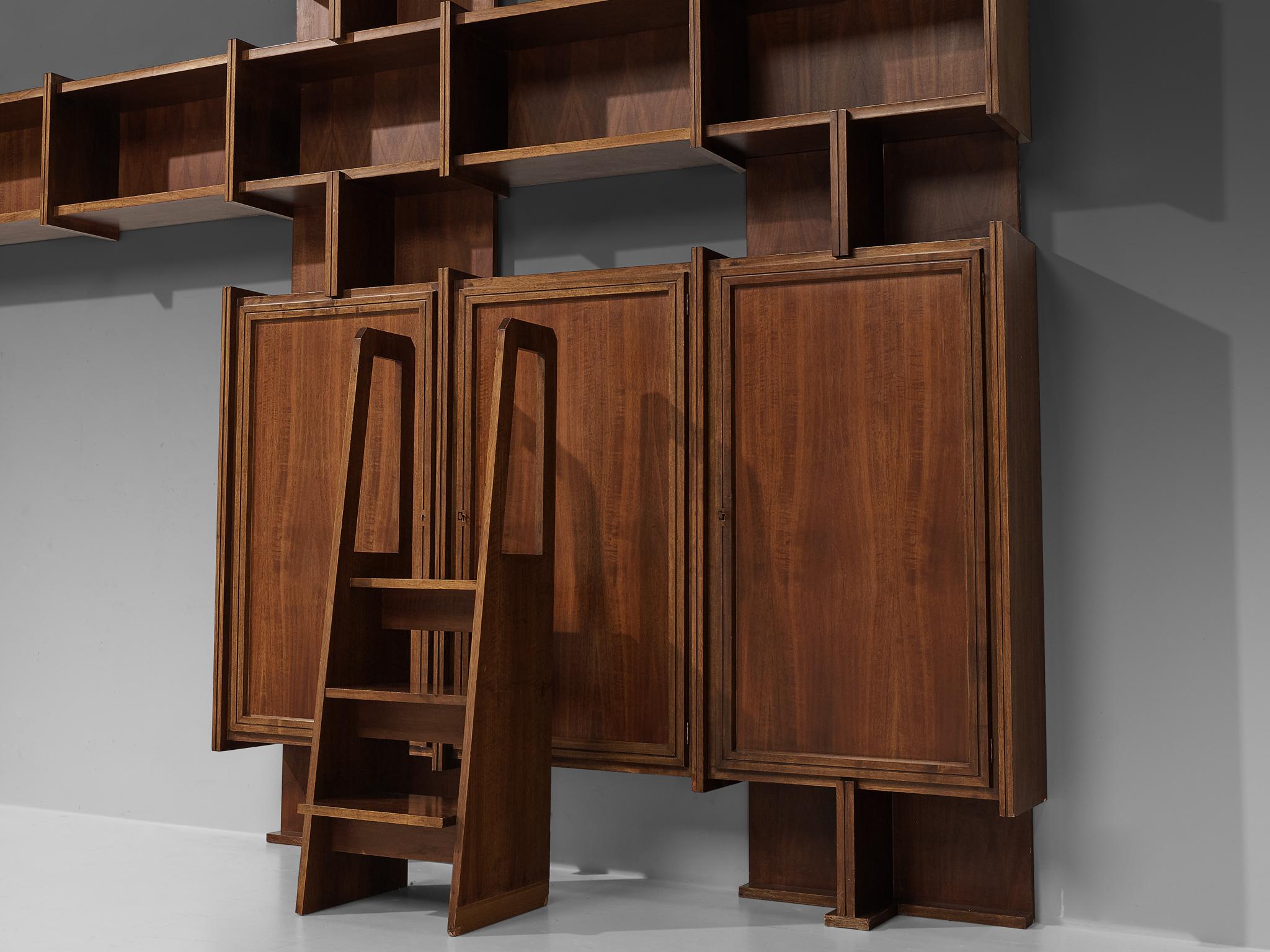 Mid-20th Century Exceptional Italian Library Unit With Stairs in Walnut