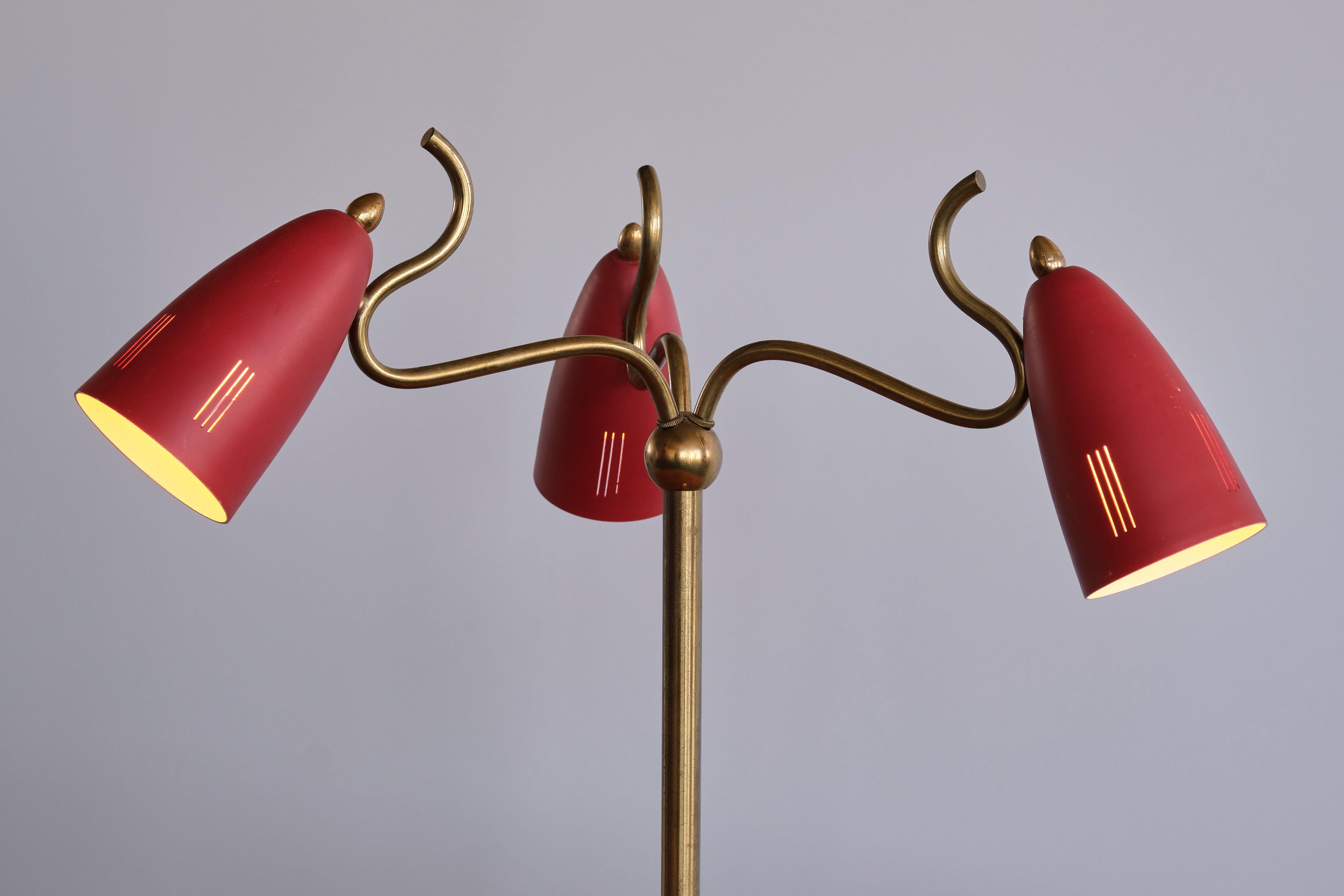 Exceptional Italian Modern Three Arm Brass Table Lamp with Tripod Base, 1950s 7