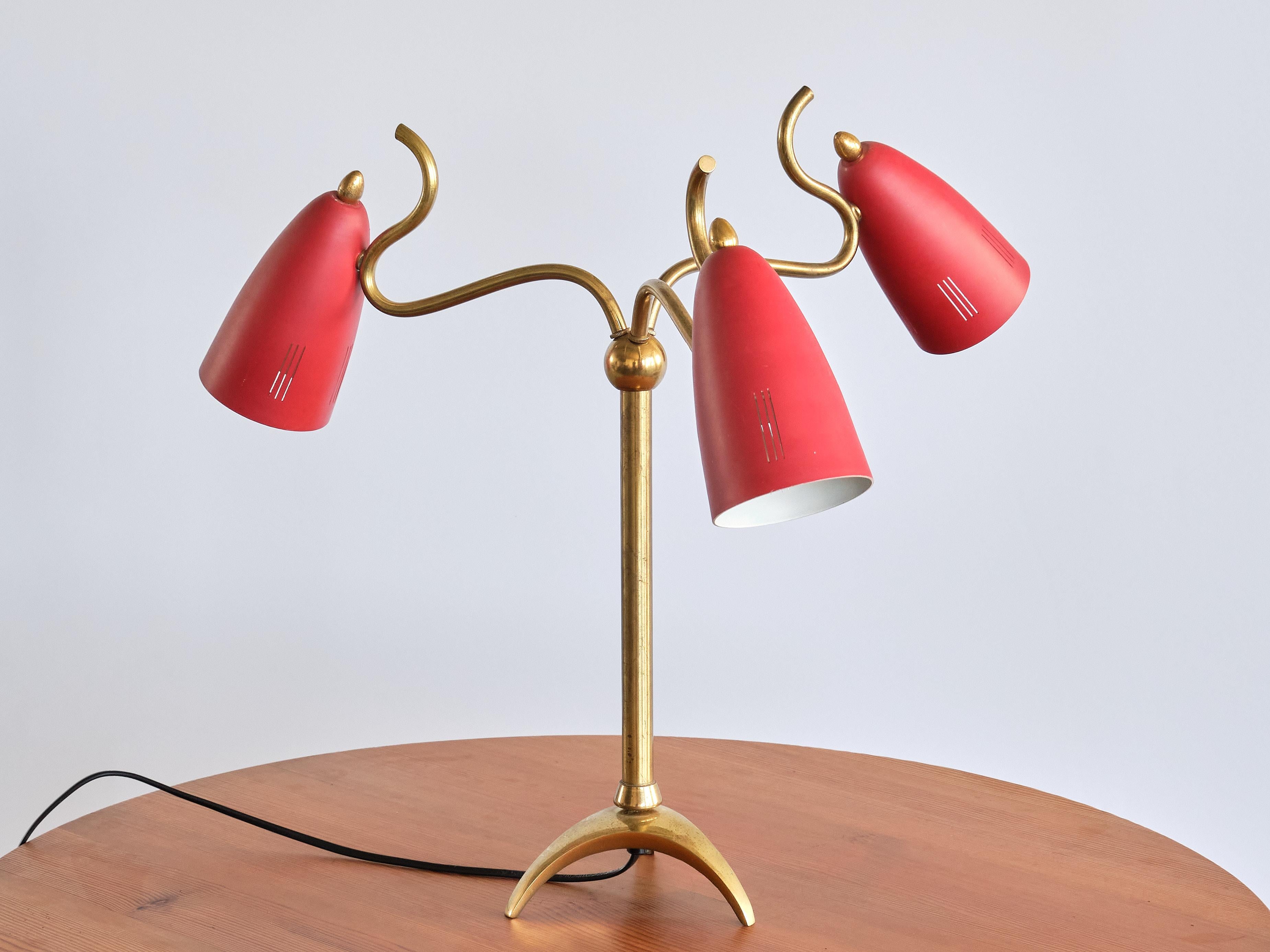 Exceptional Italian Modern Three Arm Brass Table Lamp with Tripod Base, 1950s 9