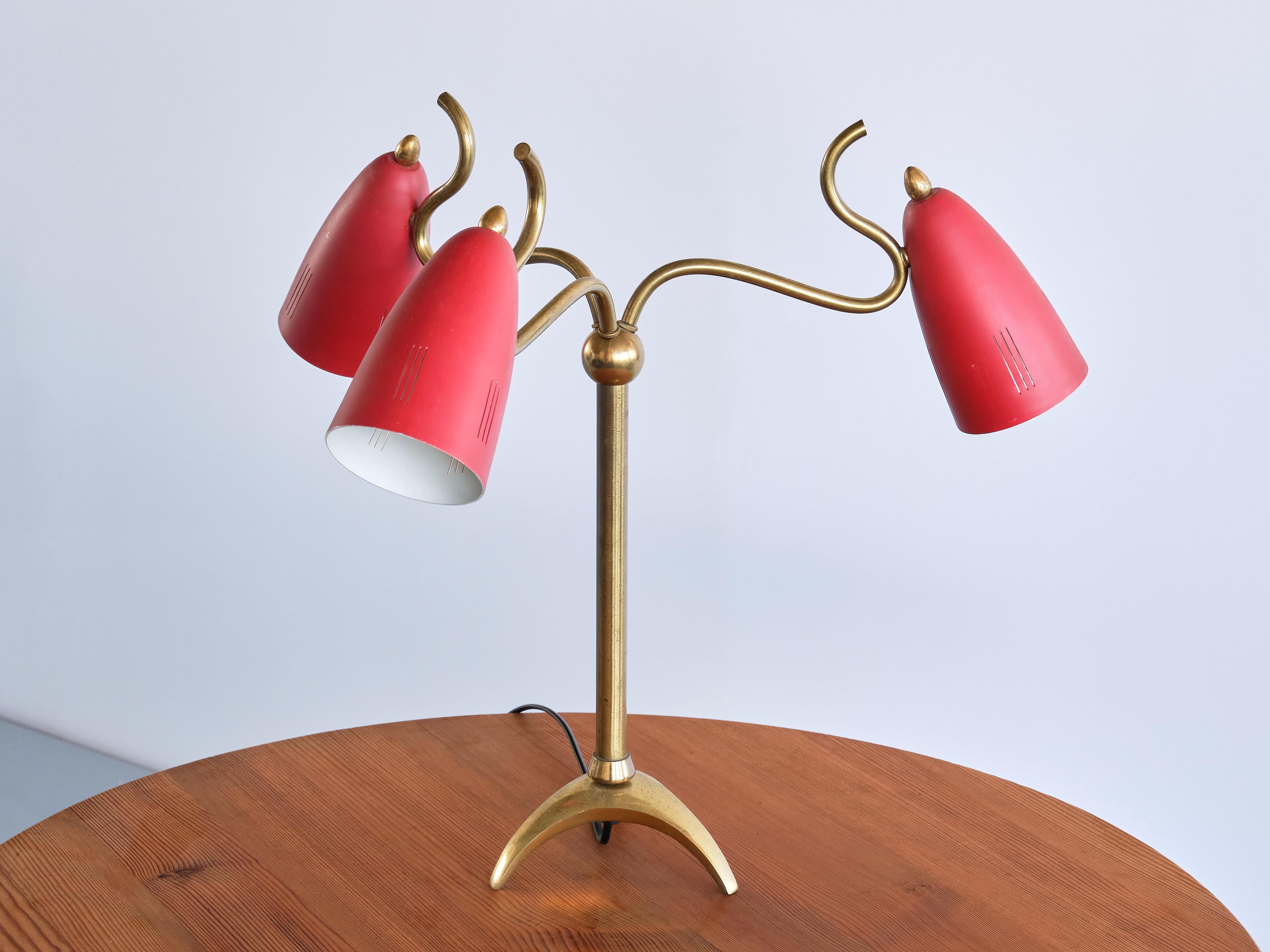 Mid-Century Modern Exceptional Italian Modern Three Arm Brass Table Lamp with Tripod Base, 1950s