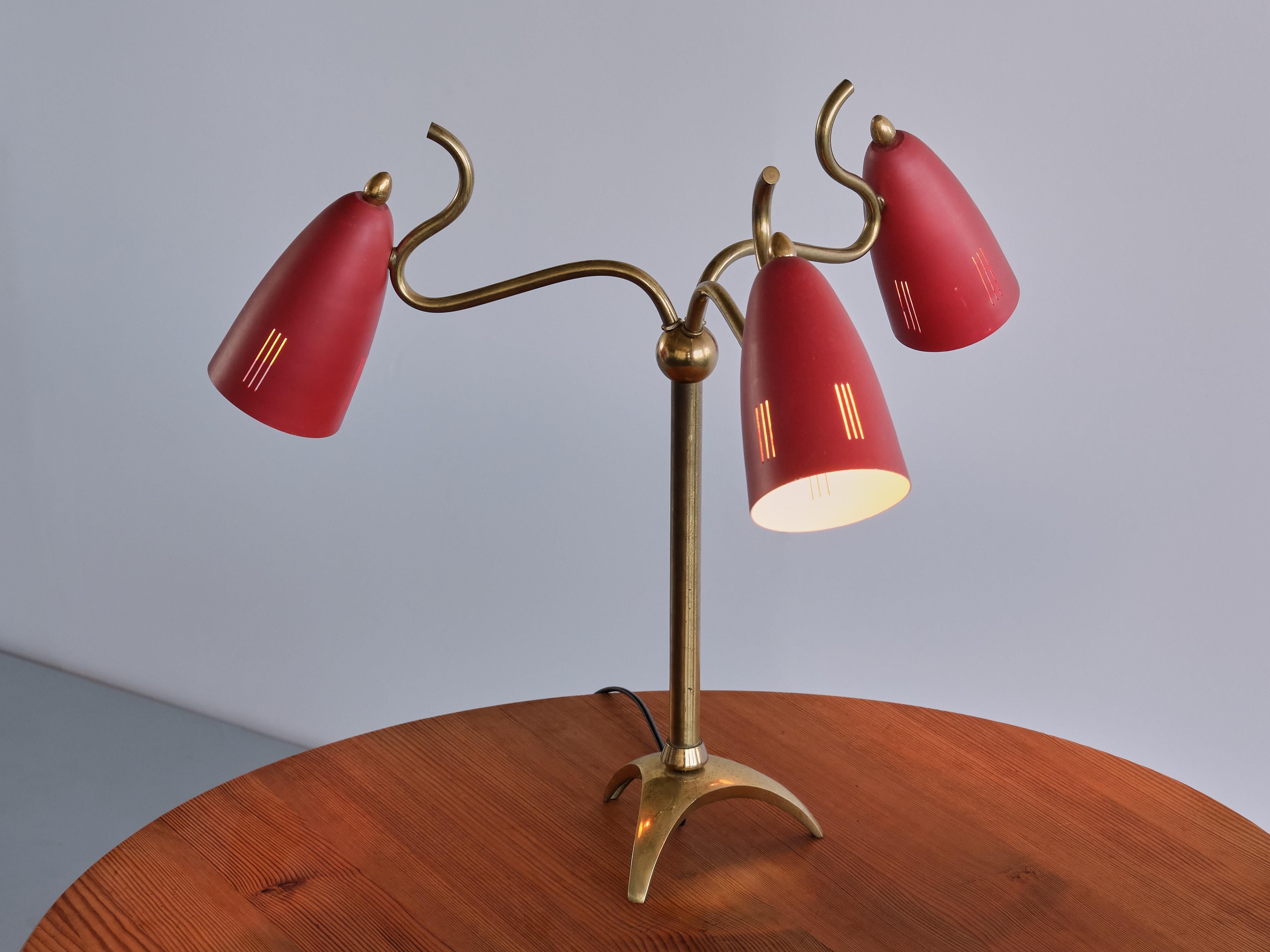 Exceptional Italian Modern Three Arm Brass Table Lamp with Tripod Base, 1950s In Good Condition In The Hague, NL
