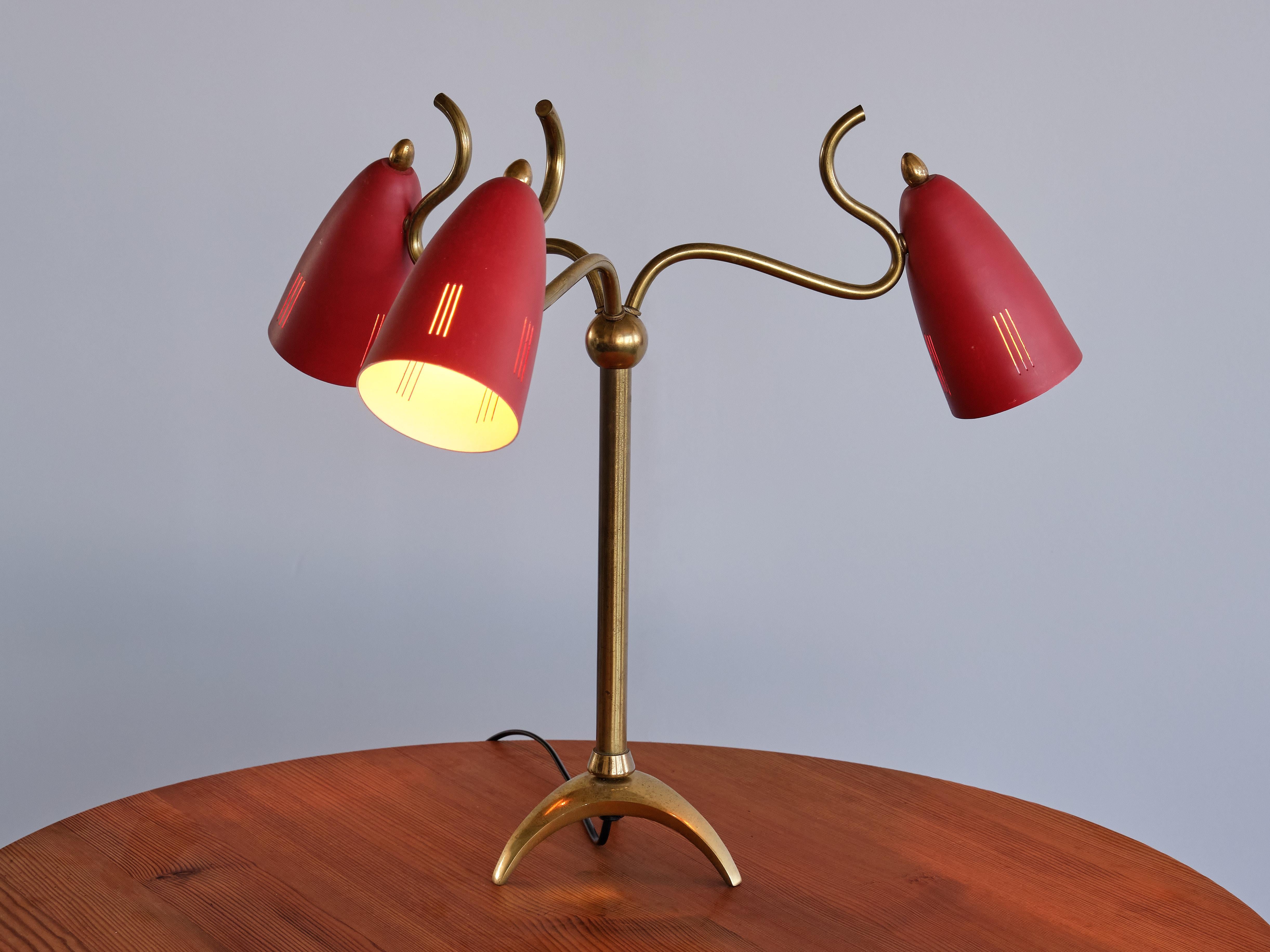 Exceptional Italian Modern Three Arm Brass Table Lamp with Tripod Base, 1950s 3