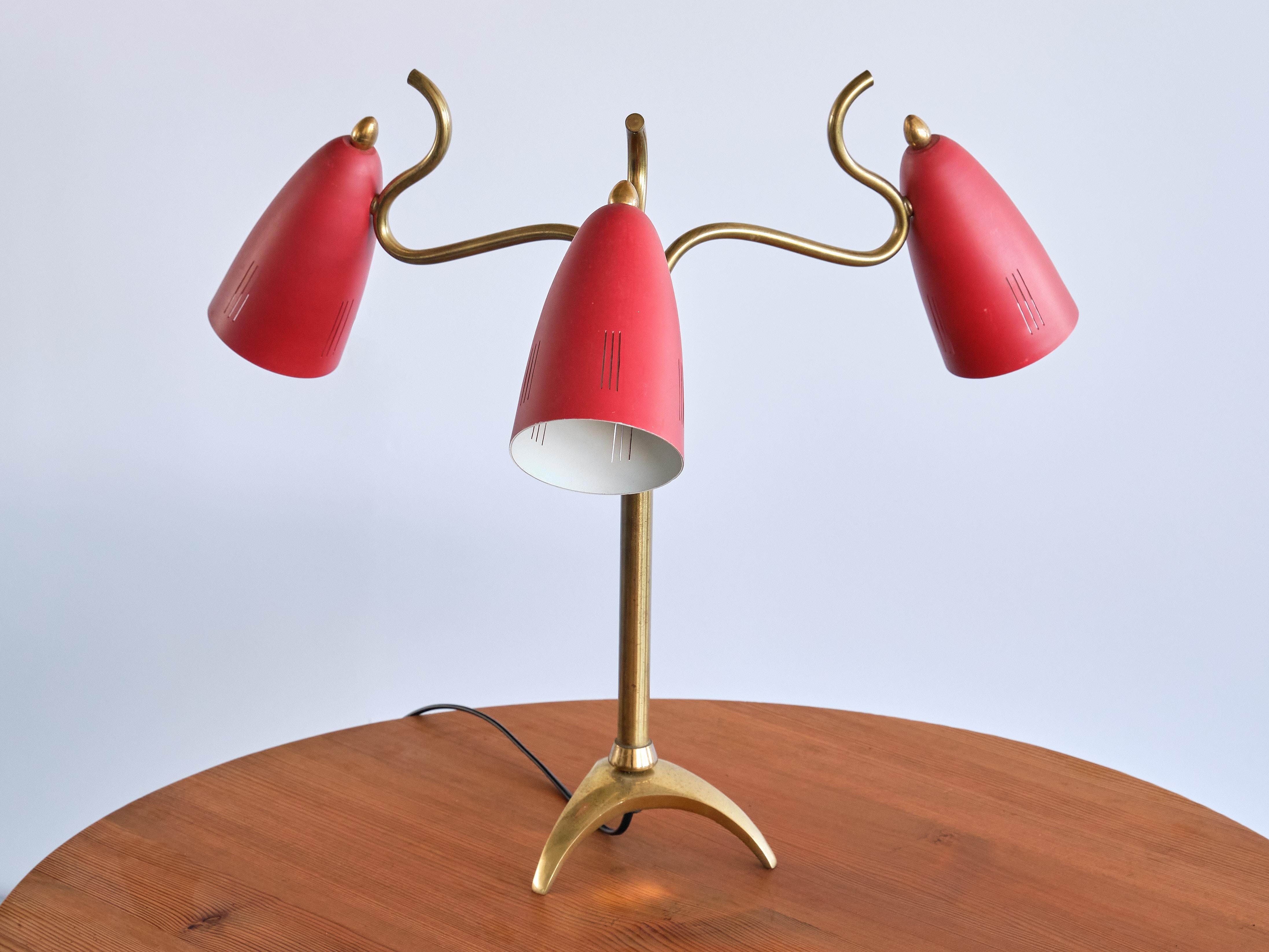 Exceptional Italian Modern Three Arm Brass Table Lamp with Tripod Base, 1950s 4