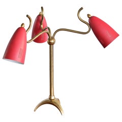 Exceptional Italian Modern Three Arm Brass Table Lamp with Tripod Base, 1950s