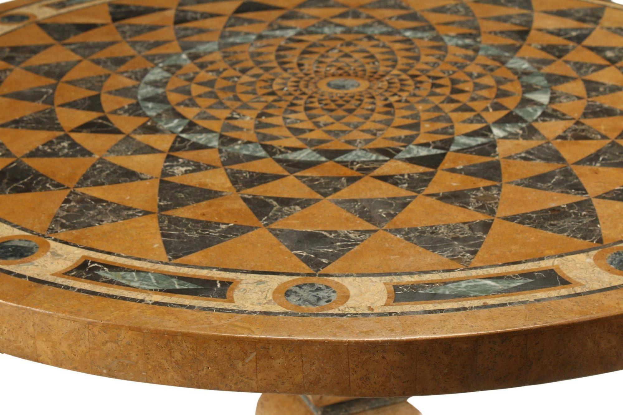 An extraordinary Italian pietra dura (hardstone inlay) center table crafted in Siena marble, featuring an exquisite geometric inlaid top composed of fine specimen marbles in shades of verde antico, nero portoro, and giallo Siena. The intricate