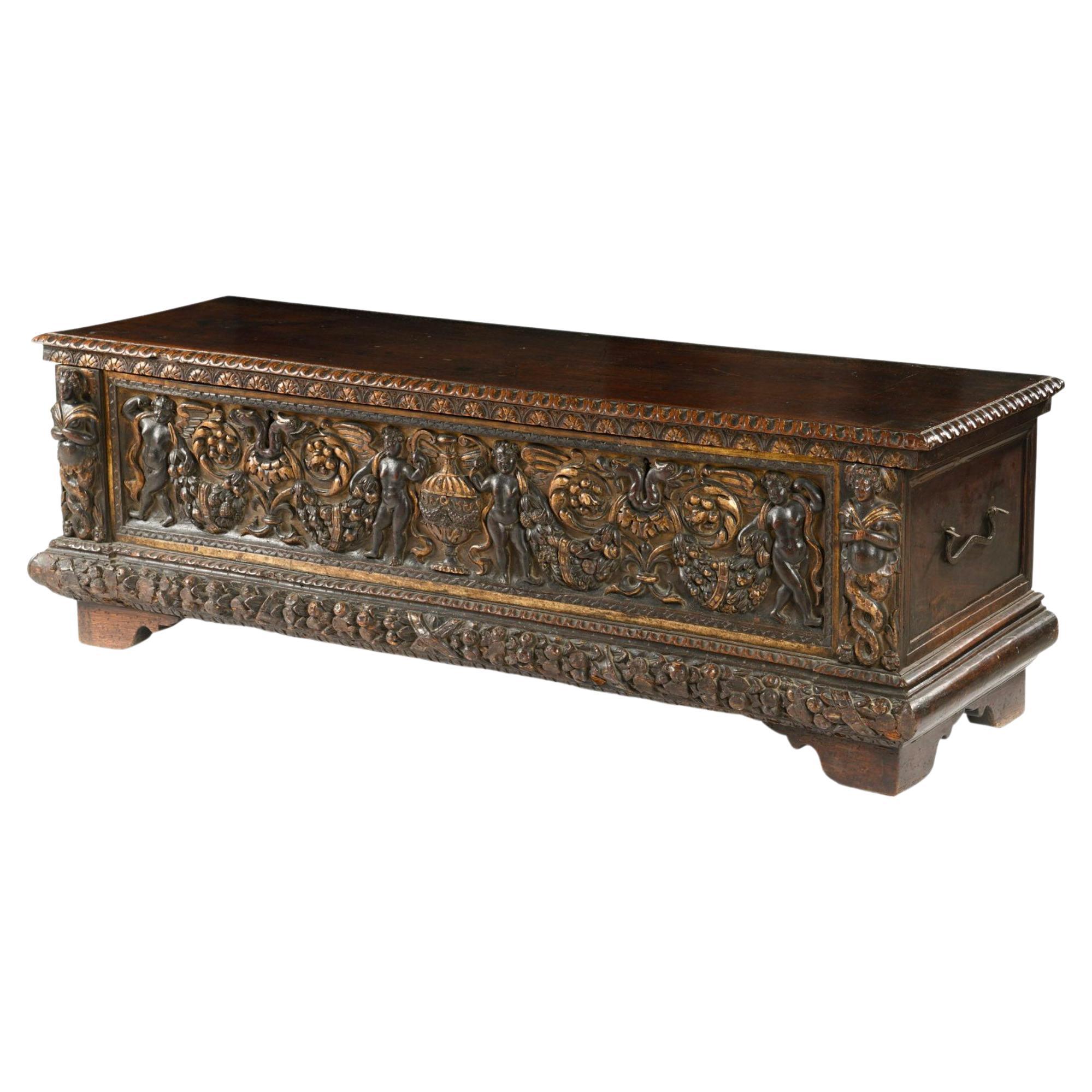 Exceptional Italian Renaissance Cassone with Rich Carving on a Gilt Background For Sale