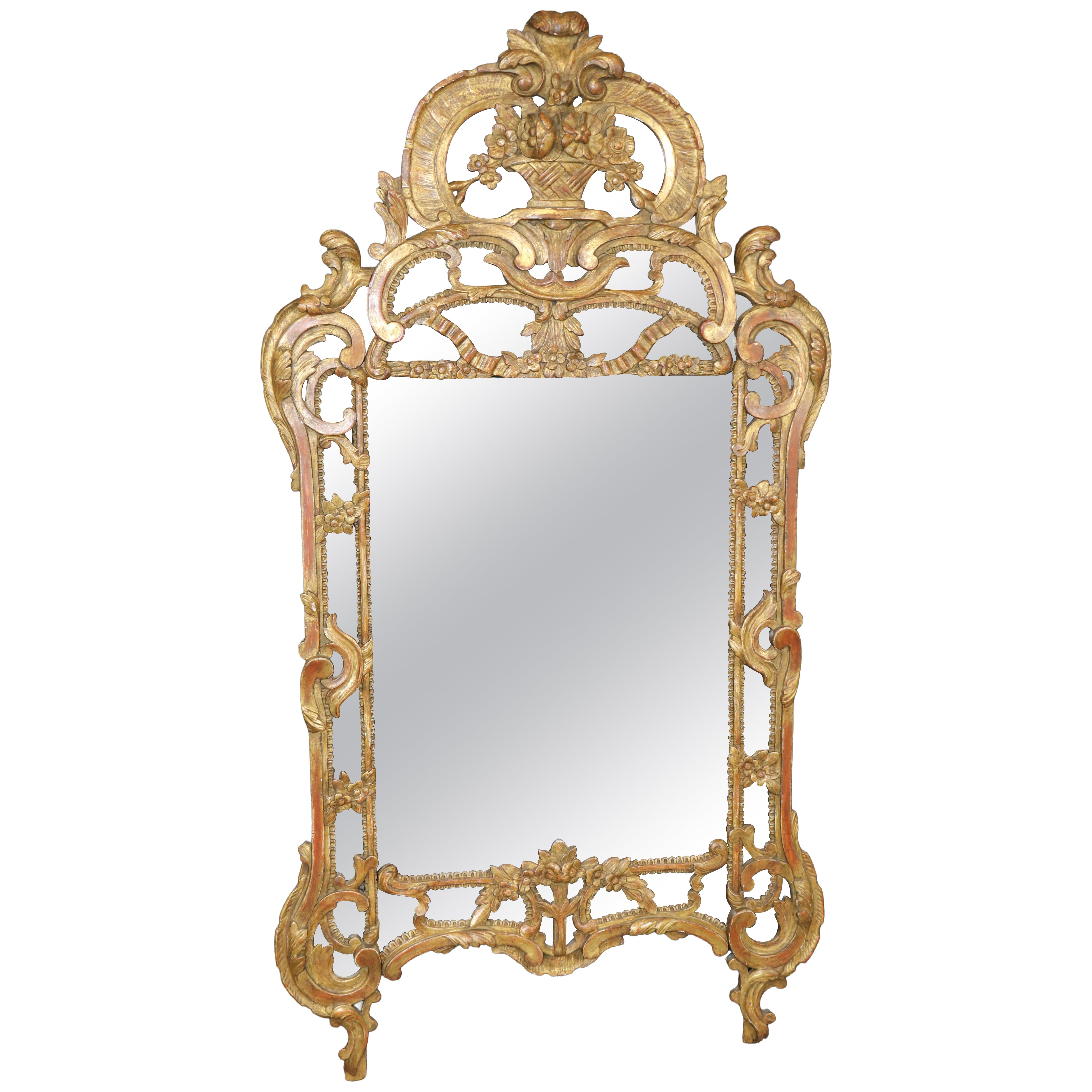 Exceptional Italian Rococo Style Carved Gilt Distressed Mirror