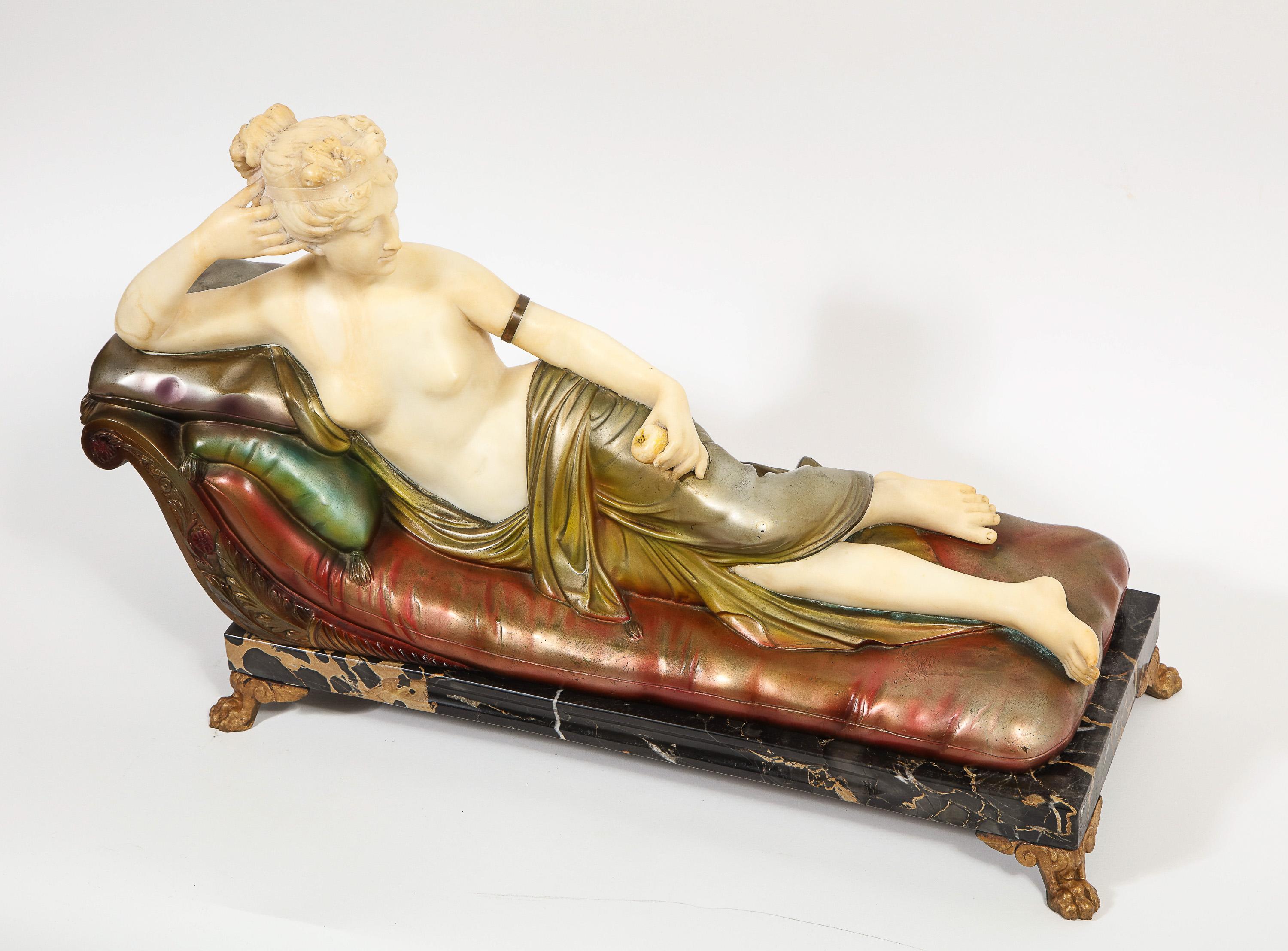 Exceptional neoclassical Italian alabaster and iridescent polychrome metal sculpture of Paulina Bonaparte Borghese, circa 1880.

This iconic, elegant sculpture depicts Paulina Bonaparte as Venus Victrix (Venus (Victorius) after the famous model by