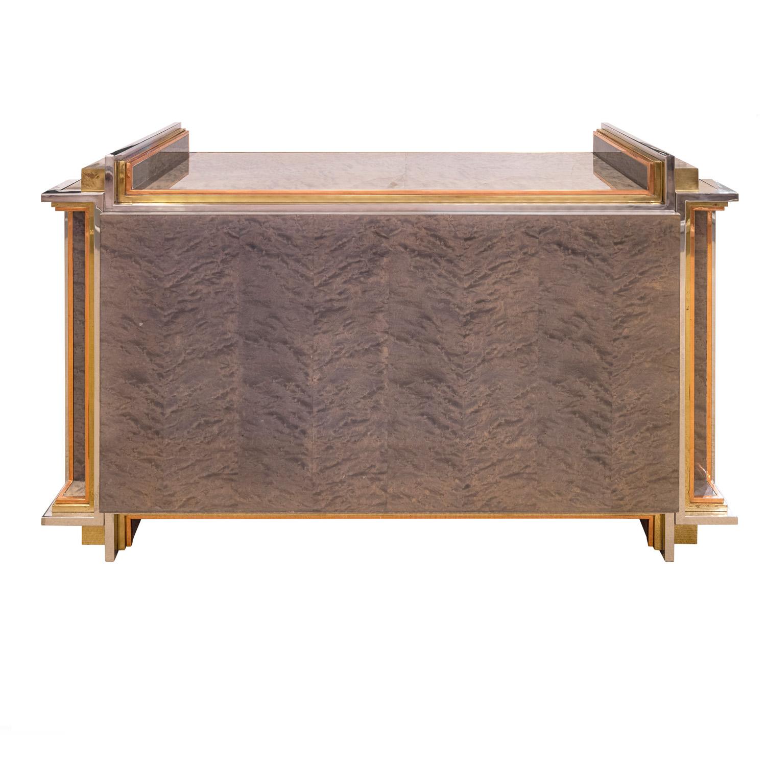 Mid-Century Modern Exceptional Jansen Cabinet in Grey Burl with Chic Mixed Metals 1970s 'Signed'