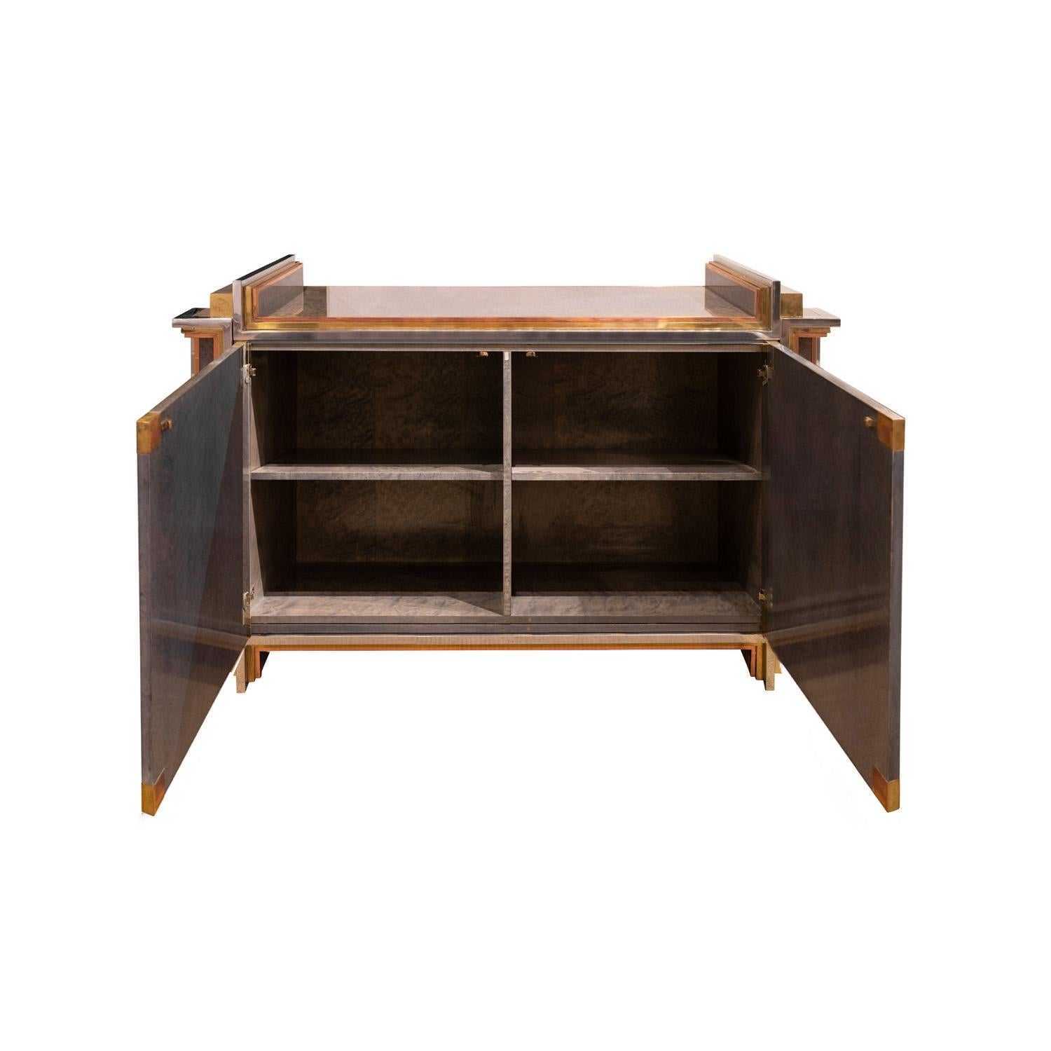 Hand-Crafted Exceptional Jansen Cabinet in Grey Burl with Chic Mixed Metals 1970s 'Signed'