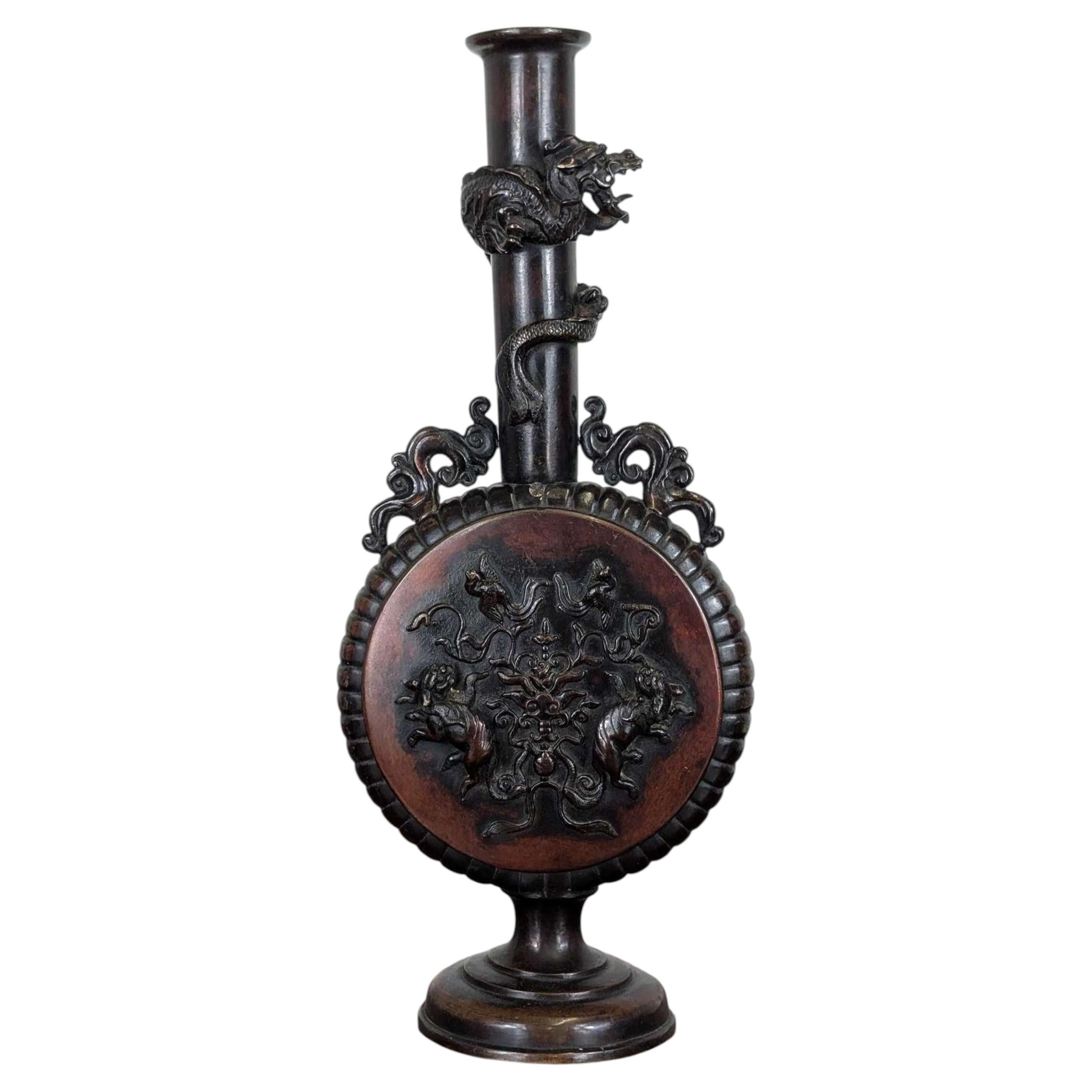 Exceptional Japanese Bronze Meiji Moon Vase with Dragon and Phoenix