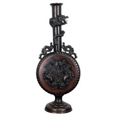 Exceptional Japanese Bronze Meiji Moon Vase with Dragon and Phoenix