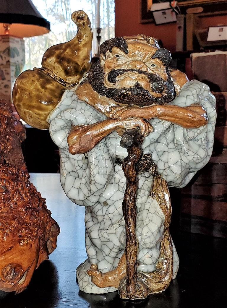 Exceptional Japanese Ceramic Figure in Knotted Wooden Stand 5