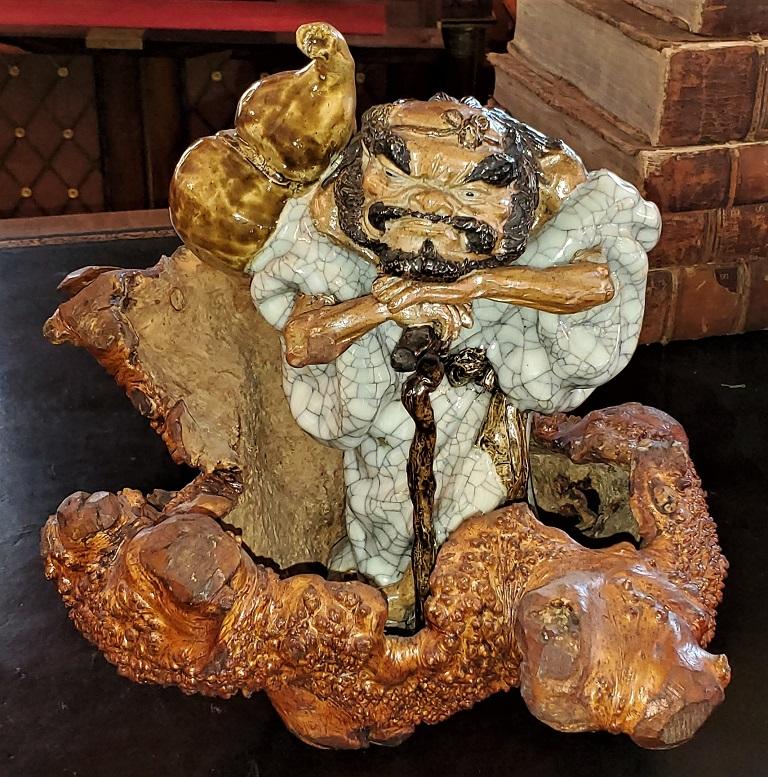 Exceptional Japanese Ceramic Figure in Knotted Wooden Stand 11