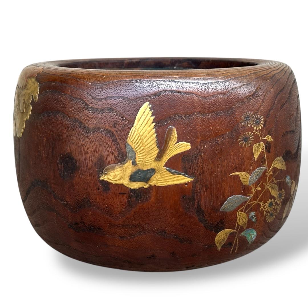 Copper Exceptional Japanese Lacquered Hibachi with Poppy Flowers in Gold and Silver Mak For Sale