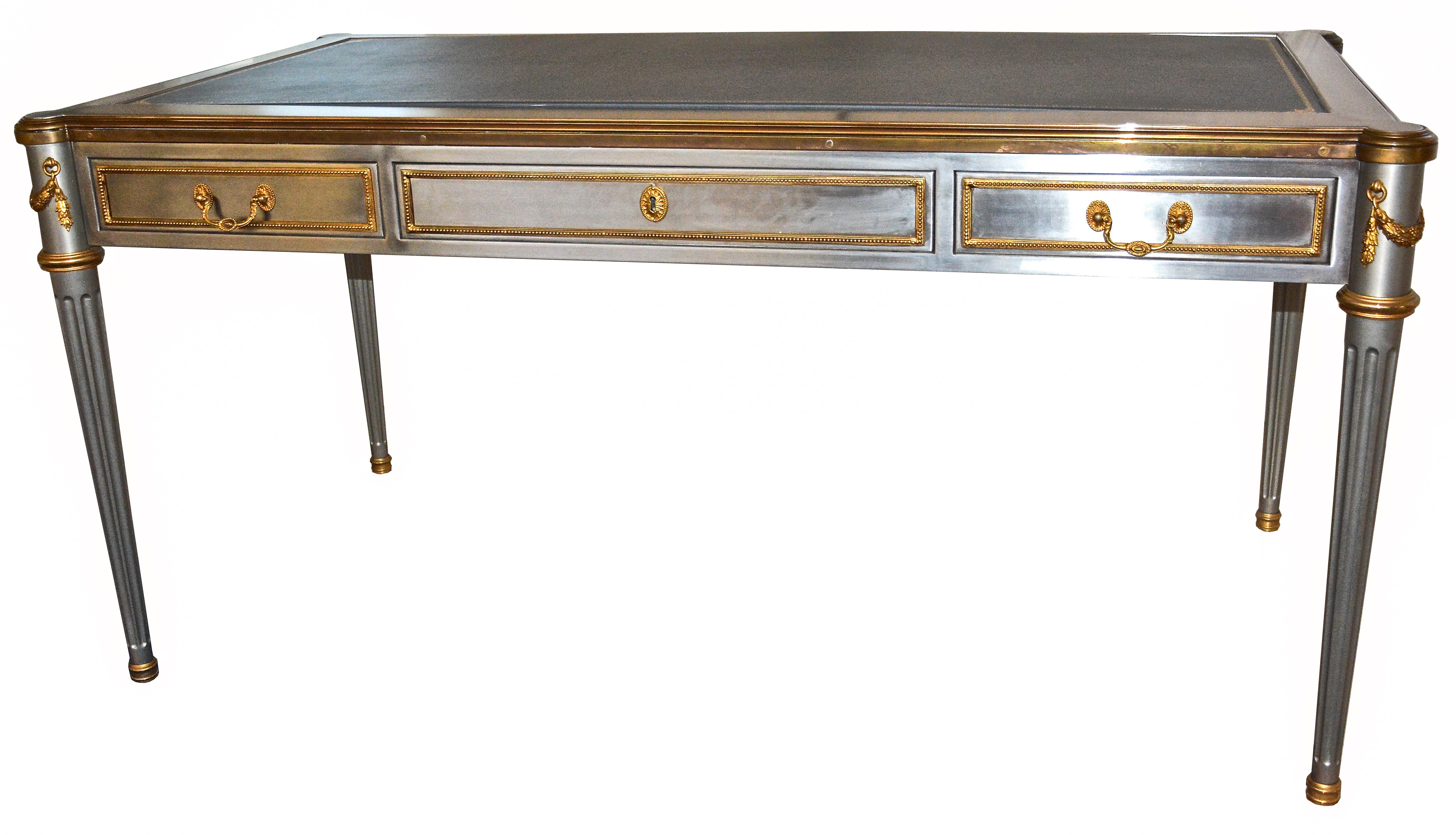 Leather Exceptional John Vesey Stainless Steel and Bronze Desk For Sale