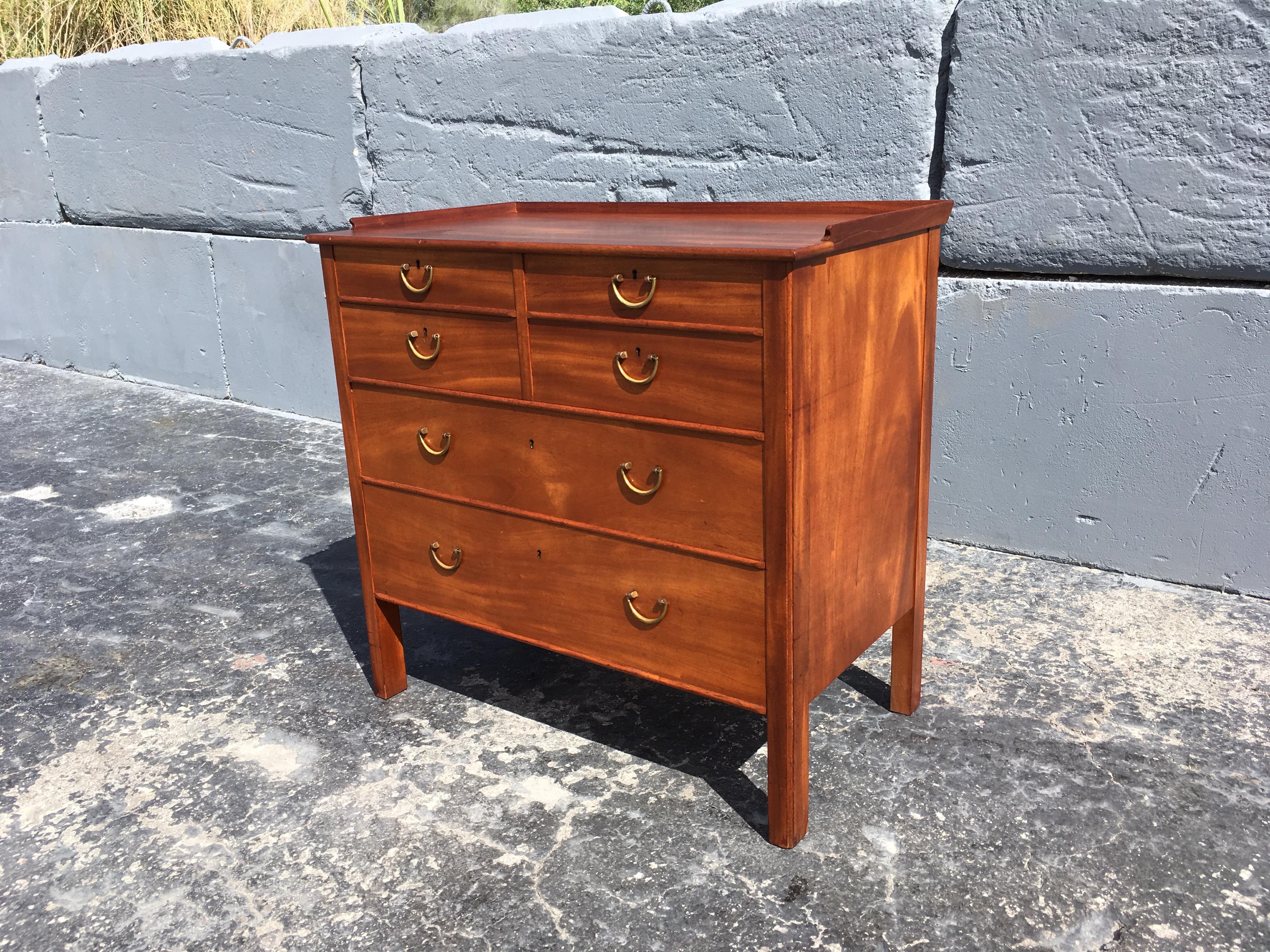 Beautiful chest of drawers by Josef Frank, Mahogany and Brass pulls, six drawers. Cabinet has age-related wear. We will have it refinished for the buyer. Great piece of Swedish Modern.
 