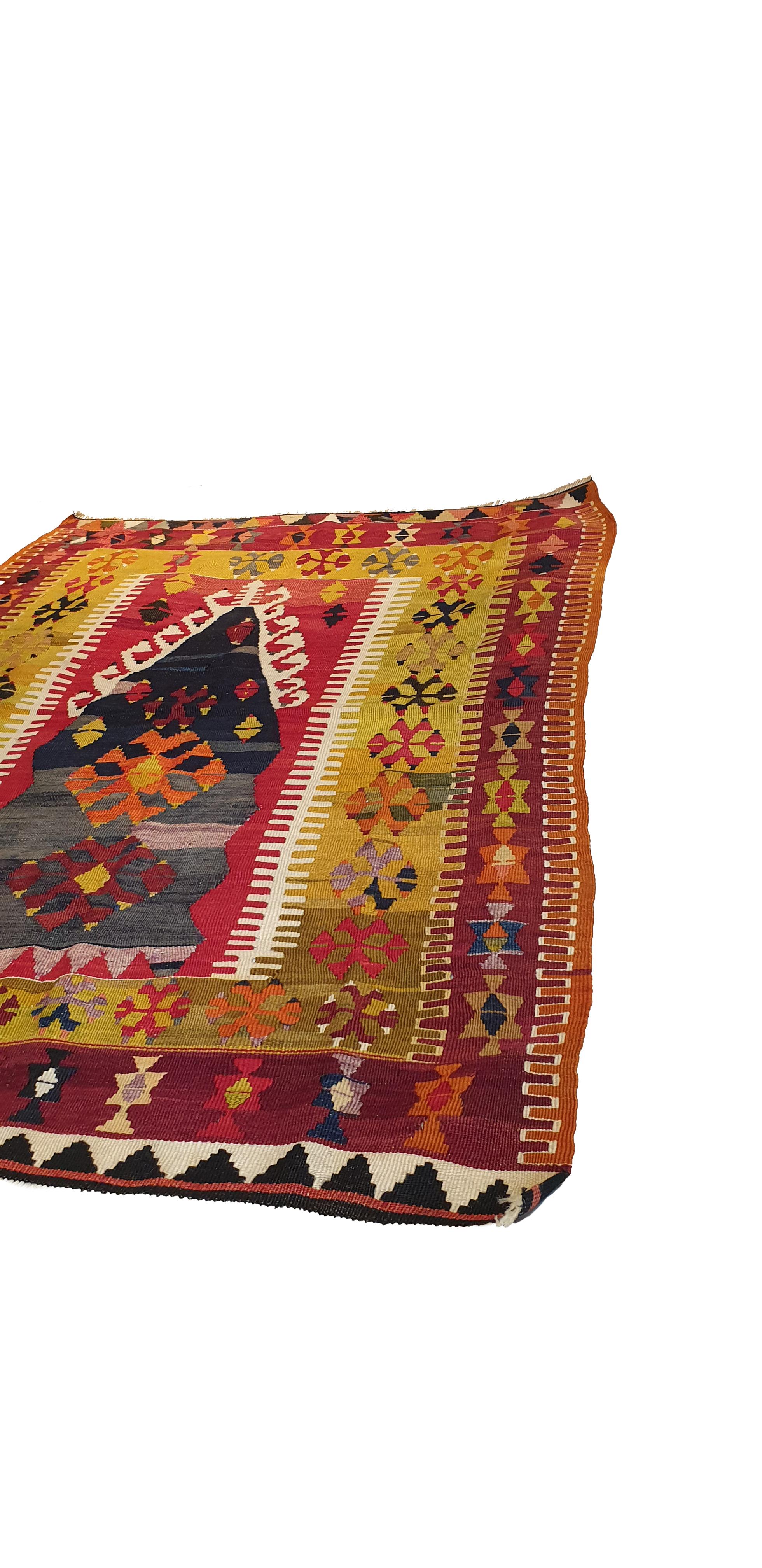 Kilim in Turkey, representing tribal style geometric shapes.
High quality, beautiful graphics and remarkable finesse.

Perfect state of preservation.

Measures: 62.99 in. x 39.37 in.


Hand-woven carpet in Turkey, depicting geometric shapes of