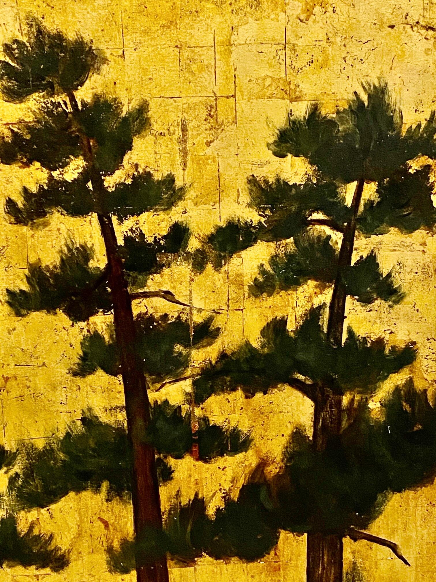 Exceptional Large 19th Century Triptych of Pine Trees Against Gold Leaf Sky 5