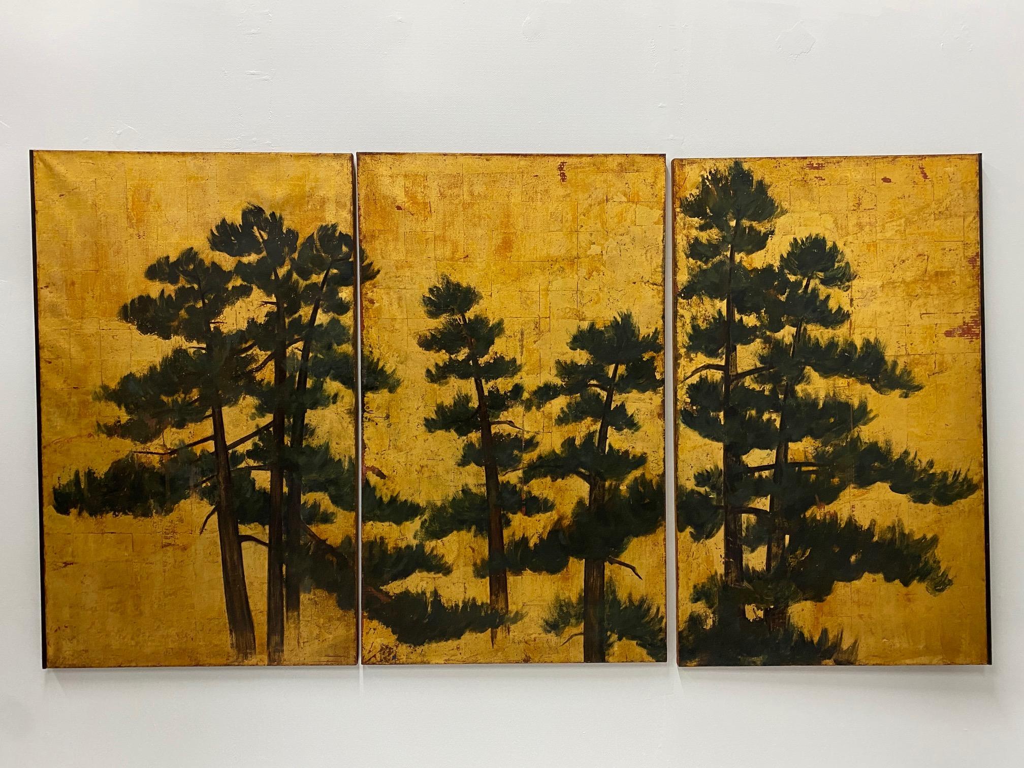Exceptional Large 19th Century Triptych of Pine Trees Against Gold Leaf Sky 2