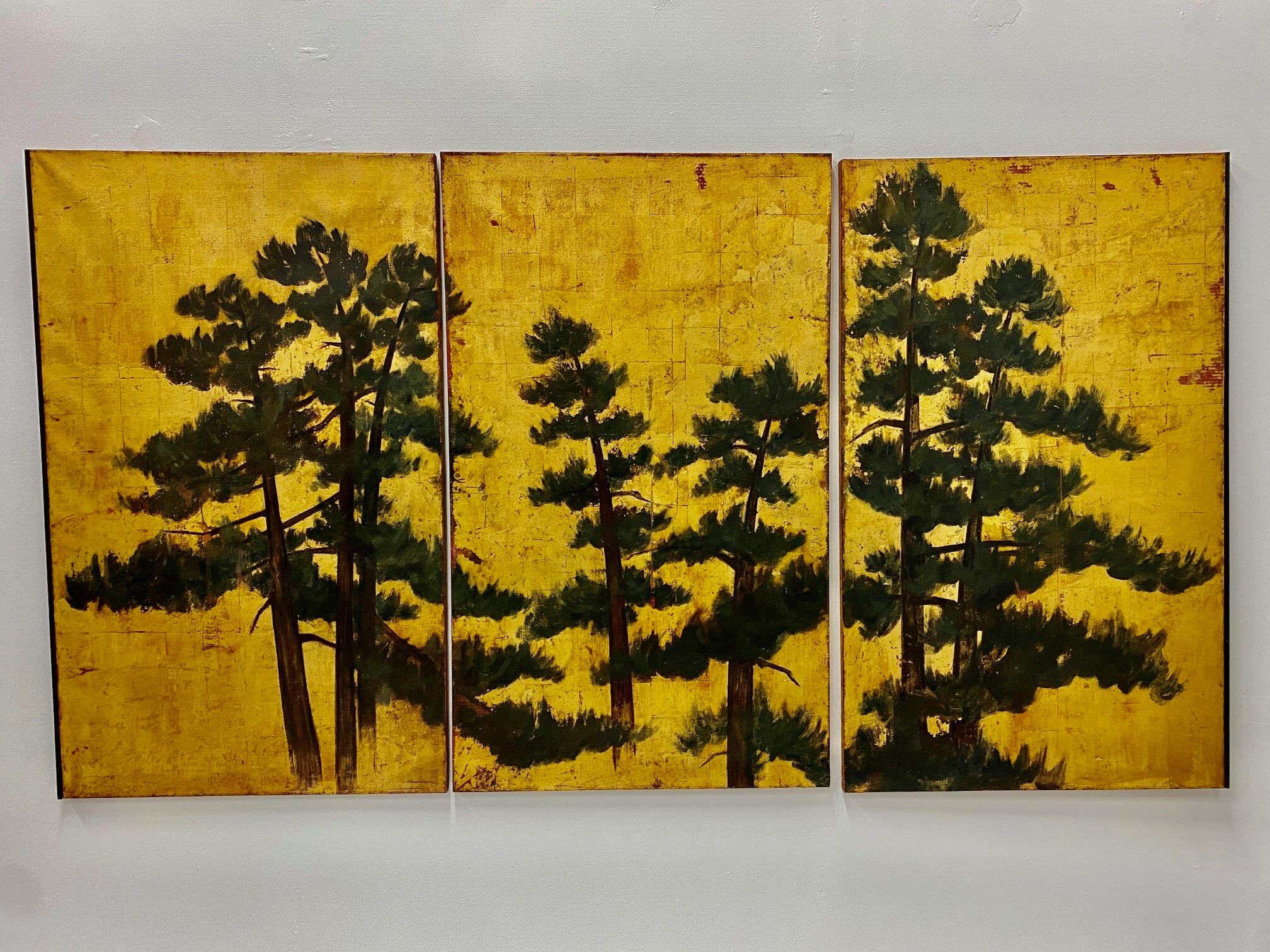 Exceptional 19th century 3 part oil painting or triptych depicting pine trees on a gold leafed background. The patina has subtle visiible squares of gold leaf with hints of red underpaint. The deep green of the trees against gold contrast
