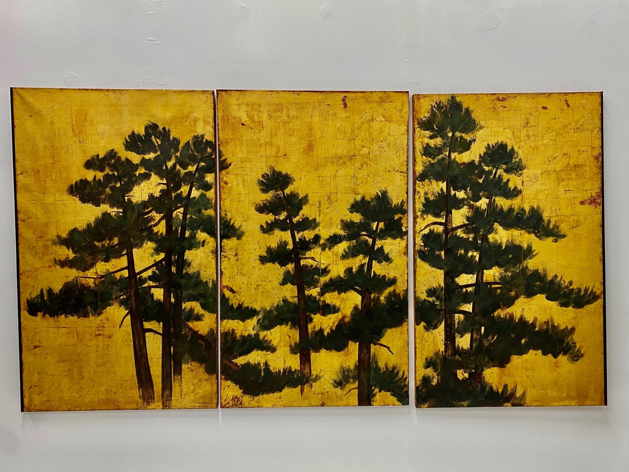 Italian Exceptional Large 19th Century Triptych of Pine Trees Against Gold Leaf Sky