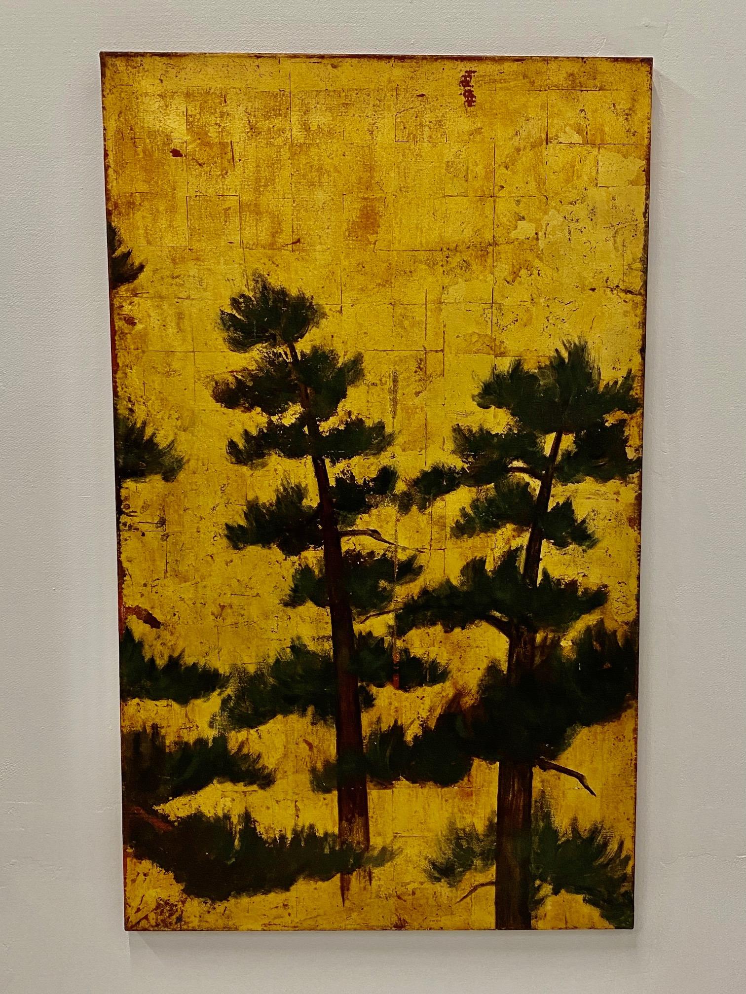 Exceptional Large 19th Century Triptych of Pine Trees Against Gold Leaf Sky In Good Condition In Hopewell, NJ