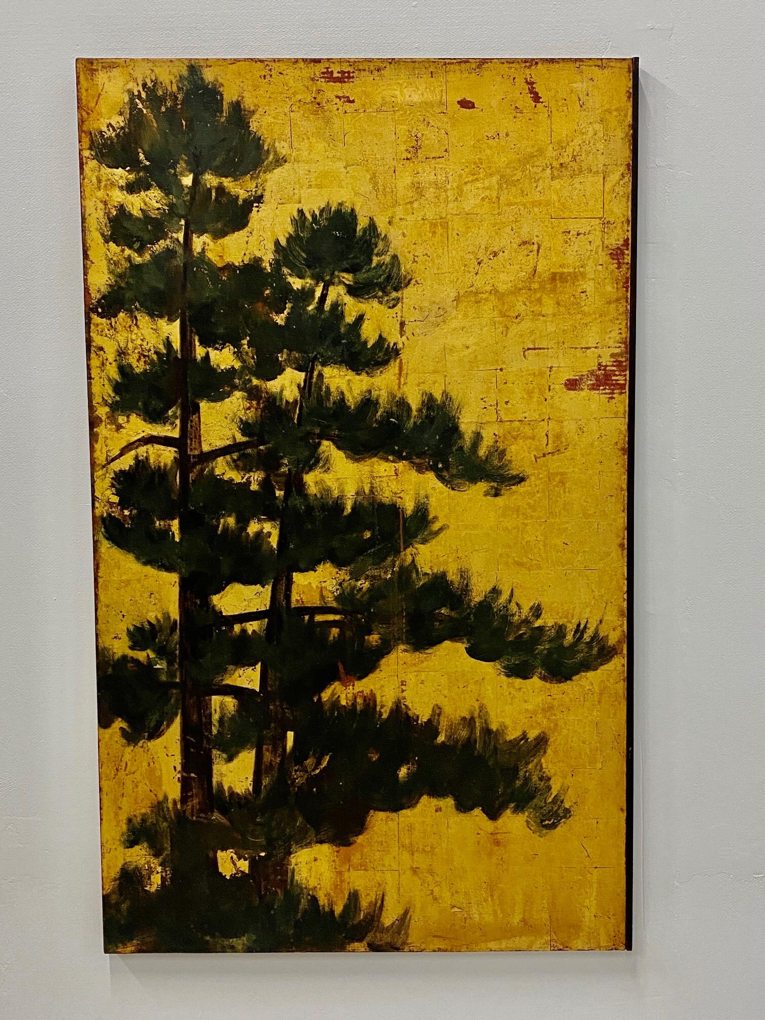 Canvas Exceptional Large 19th Century Triptych of Pine Trees Against Gold Leaf Sky