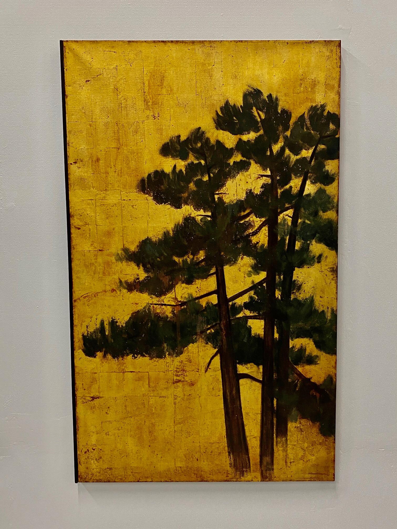 Exceptional Large 19th Century Triptych of Pine Trees Against Gold Leaf Sky 1