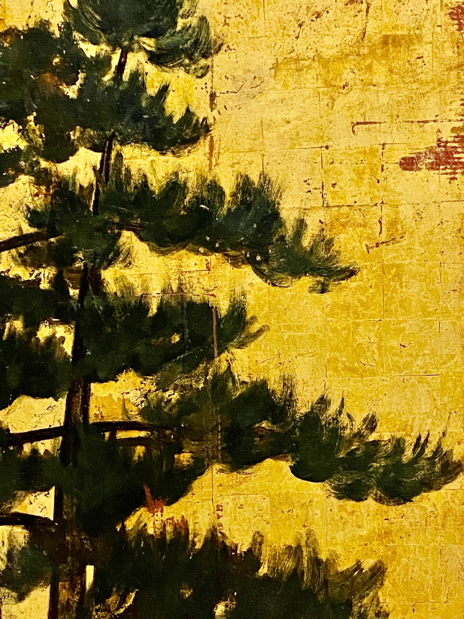 Exceptional Large 19th Century Triptych of Pine Trees Against Gold Leaf Sky 4