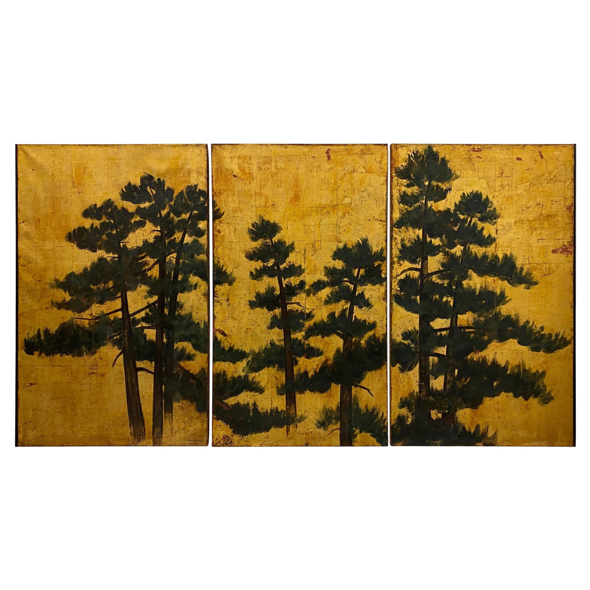 Exceptional Large 19th Century Triptych of Pine Trees Against Gold Leaf Sky